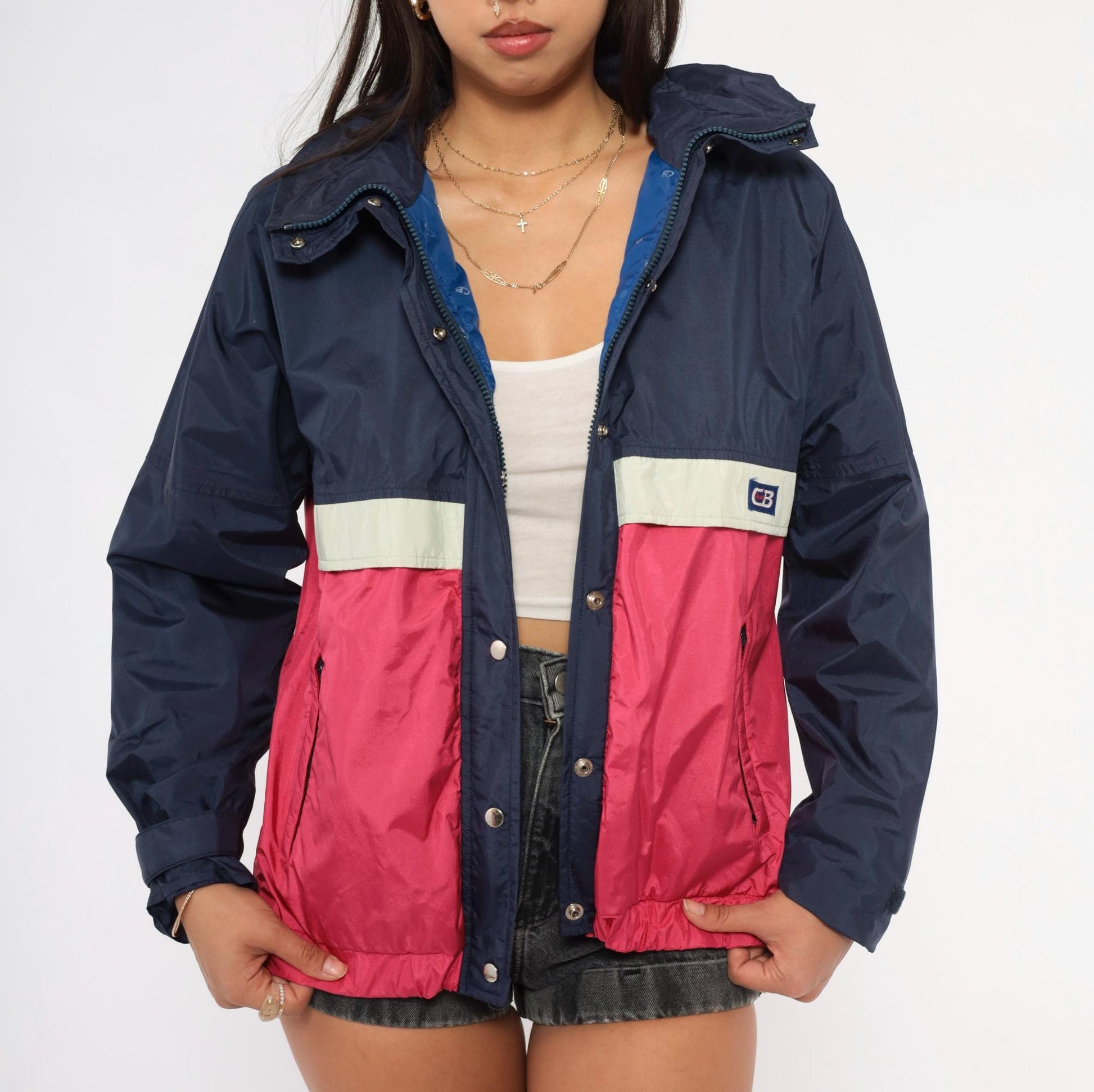 80s CB Sports Color Block Windbreaker Navy Pink Hooded Jacket Medium