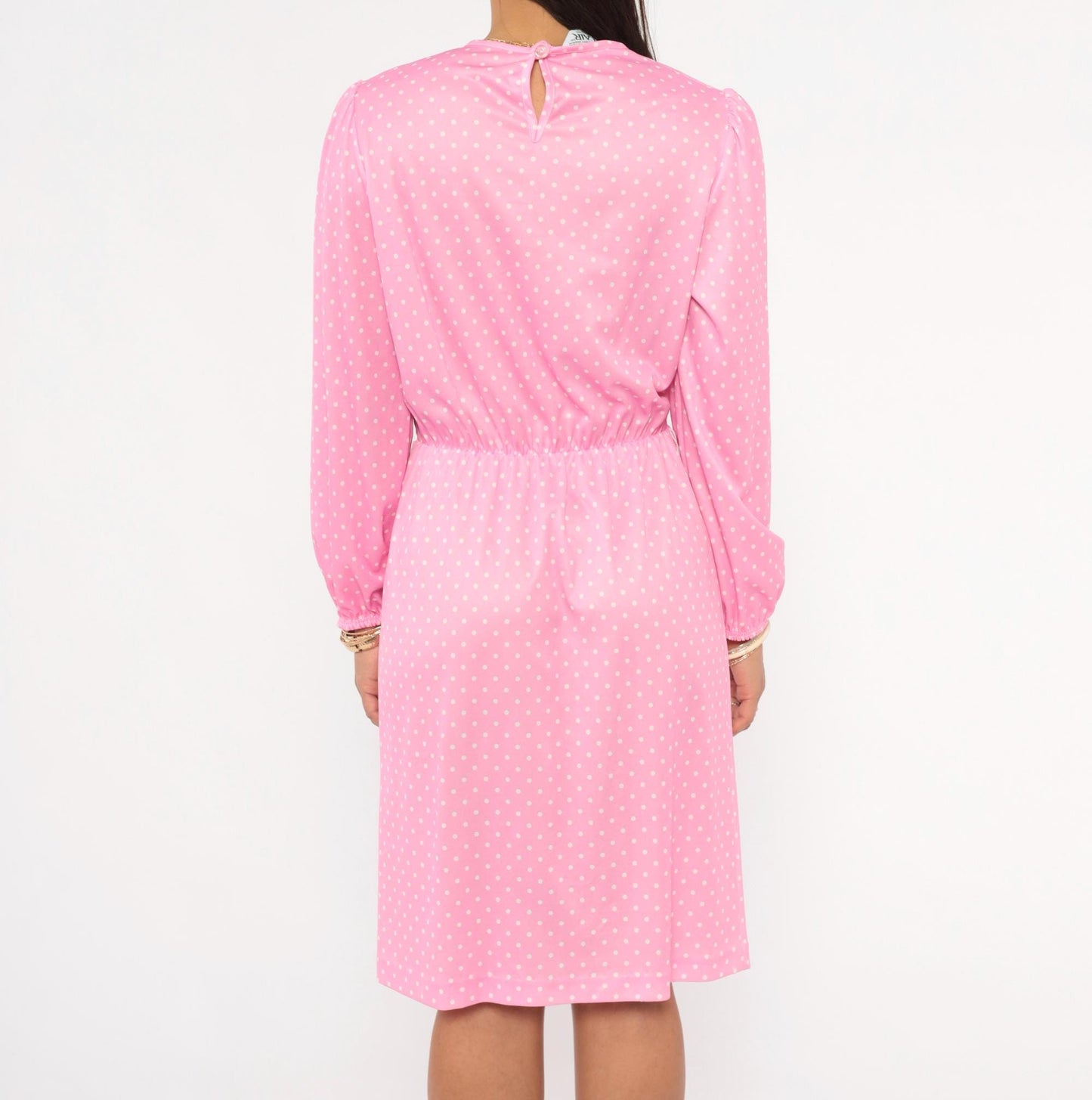 80s Blair Pink Polka Dot Dress Puff Sleeve Floral Print Knee-Length Small