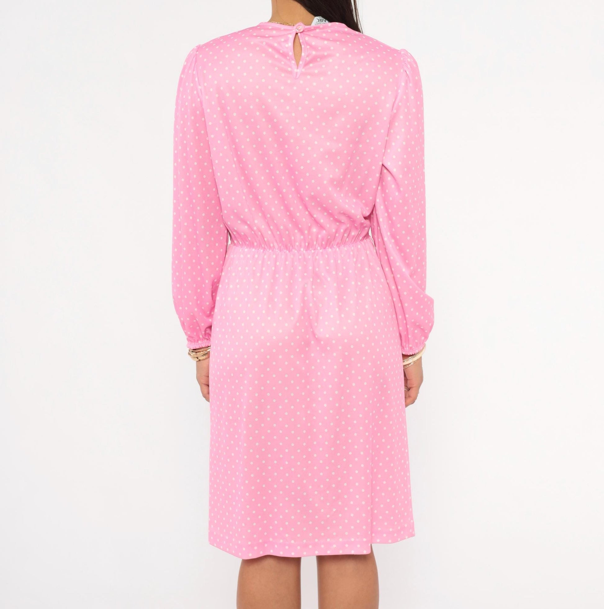 80s Blair Pink Polka Dot Dress Puff Sleeve Floral Print Knee-Length Small