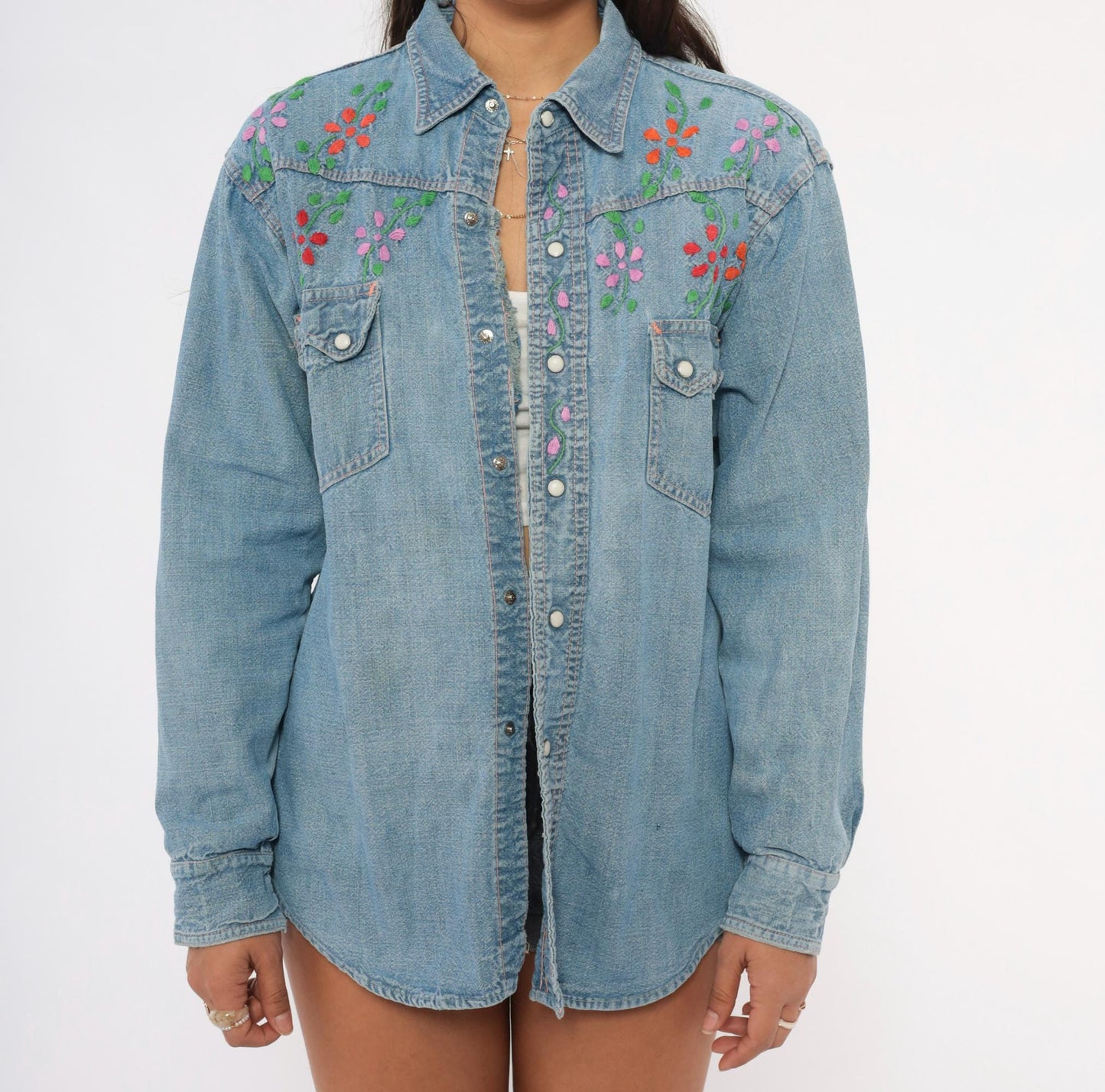 70s Light Wash Denim Western Shirt Floral Embroidered Pearl Snap Medium