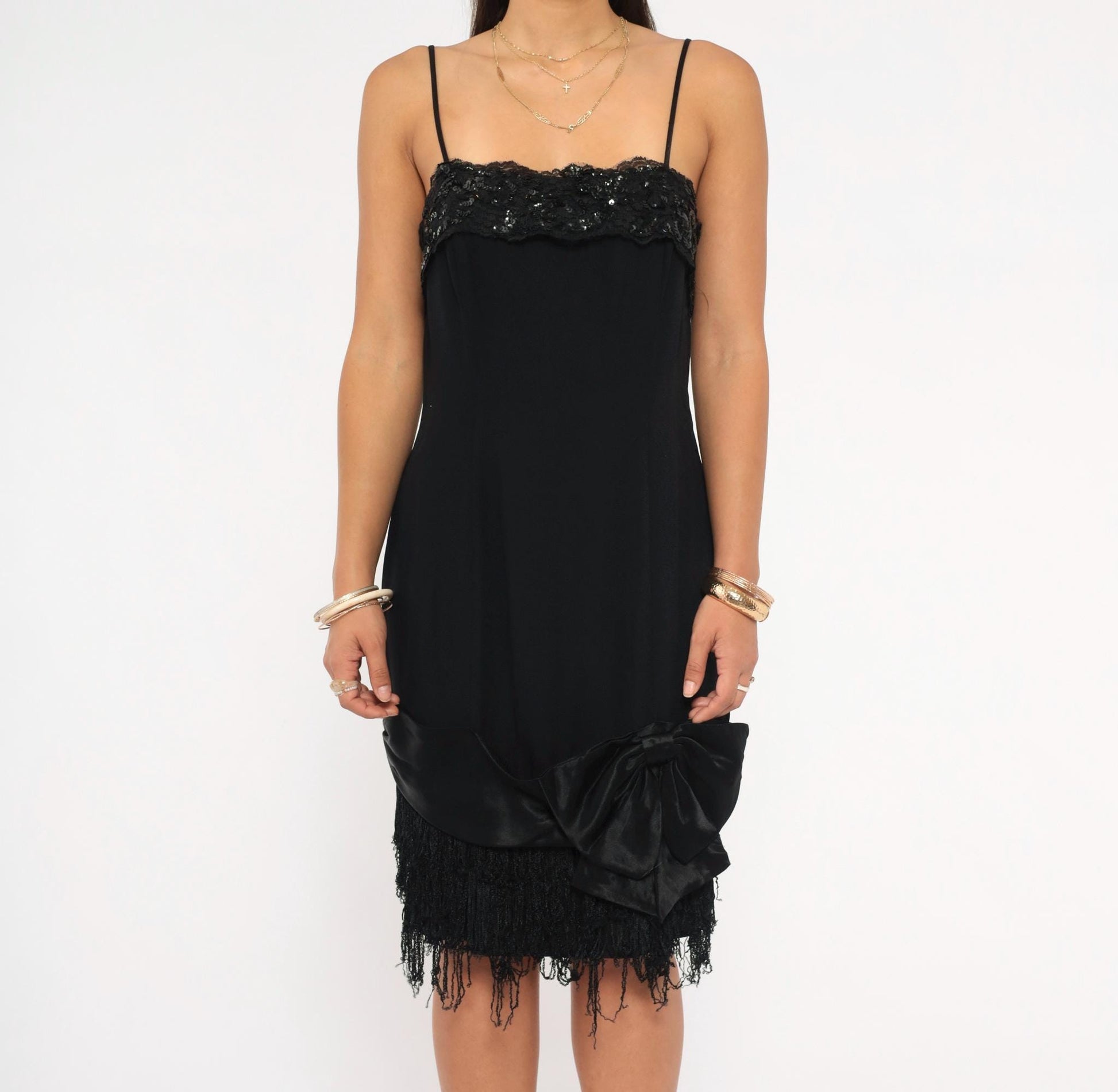90s Roberta Black Mini Slip Dress Sequin Bustline Fringe Hem Extra Small XS