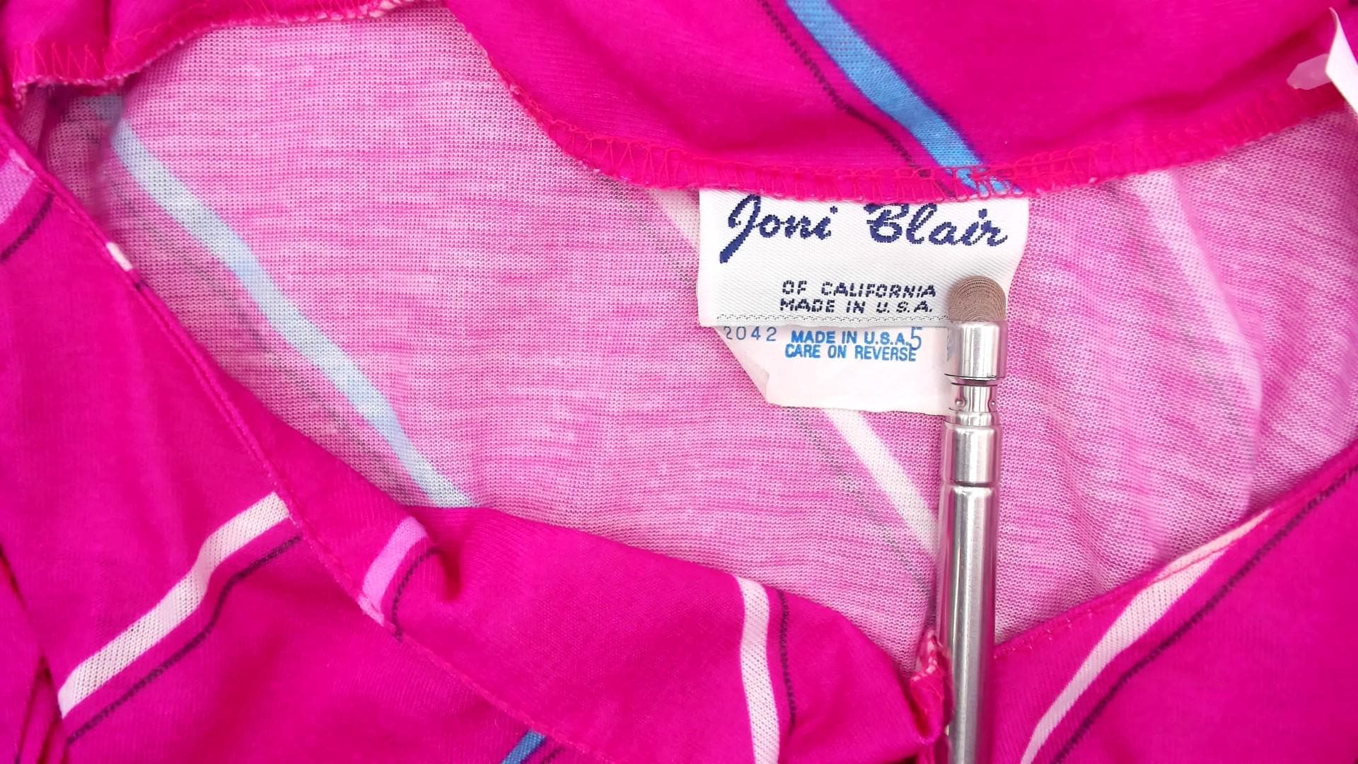 80s Joni Blair Magenta Striped Dress Puff Sleeve Boat Neck Knee Length Small