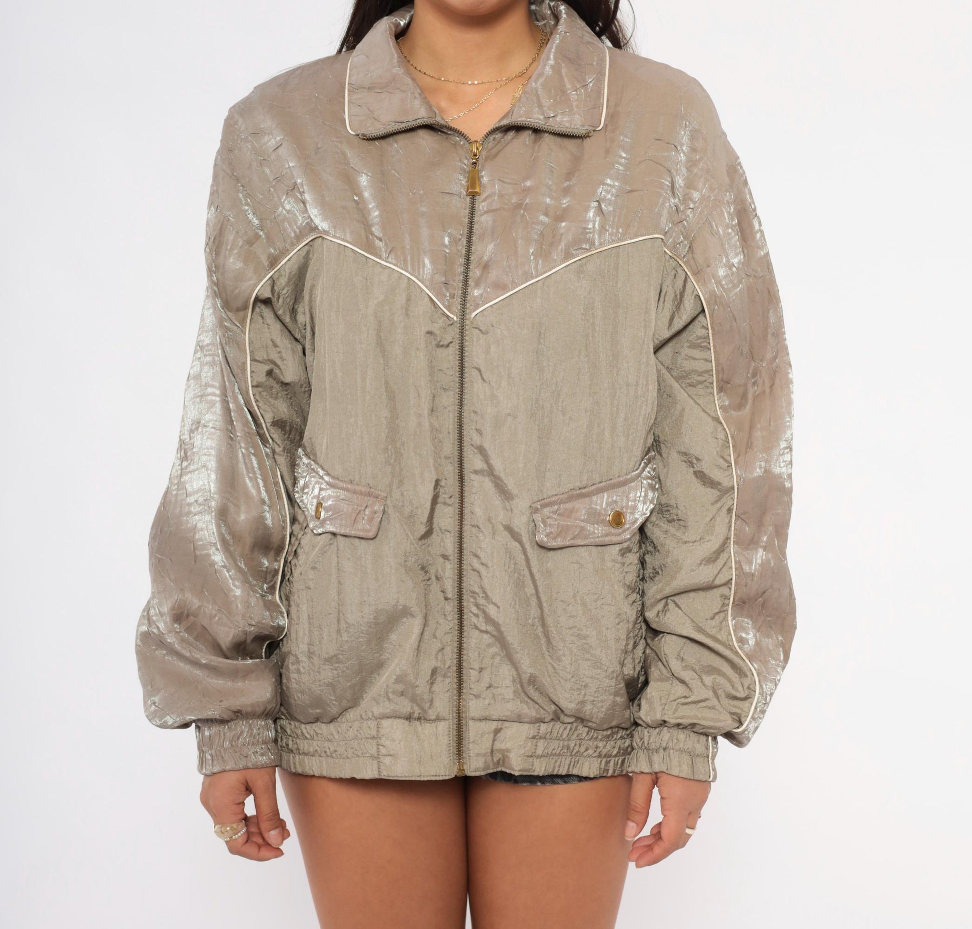 90s Cabin Creek Windbreaker Taupe Nylon Jacket Cream Piping Medium M