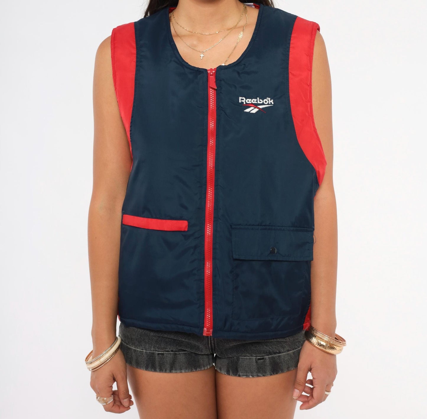 90s Reebok Colorblock Puffer Vest Navy Red Embroidered Logo Large L
