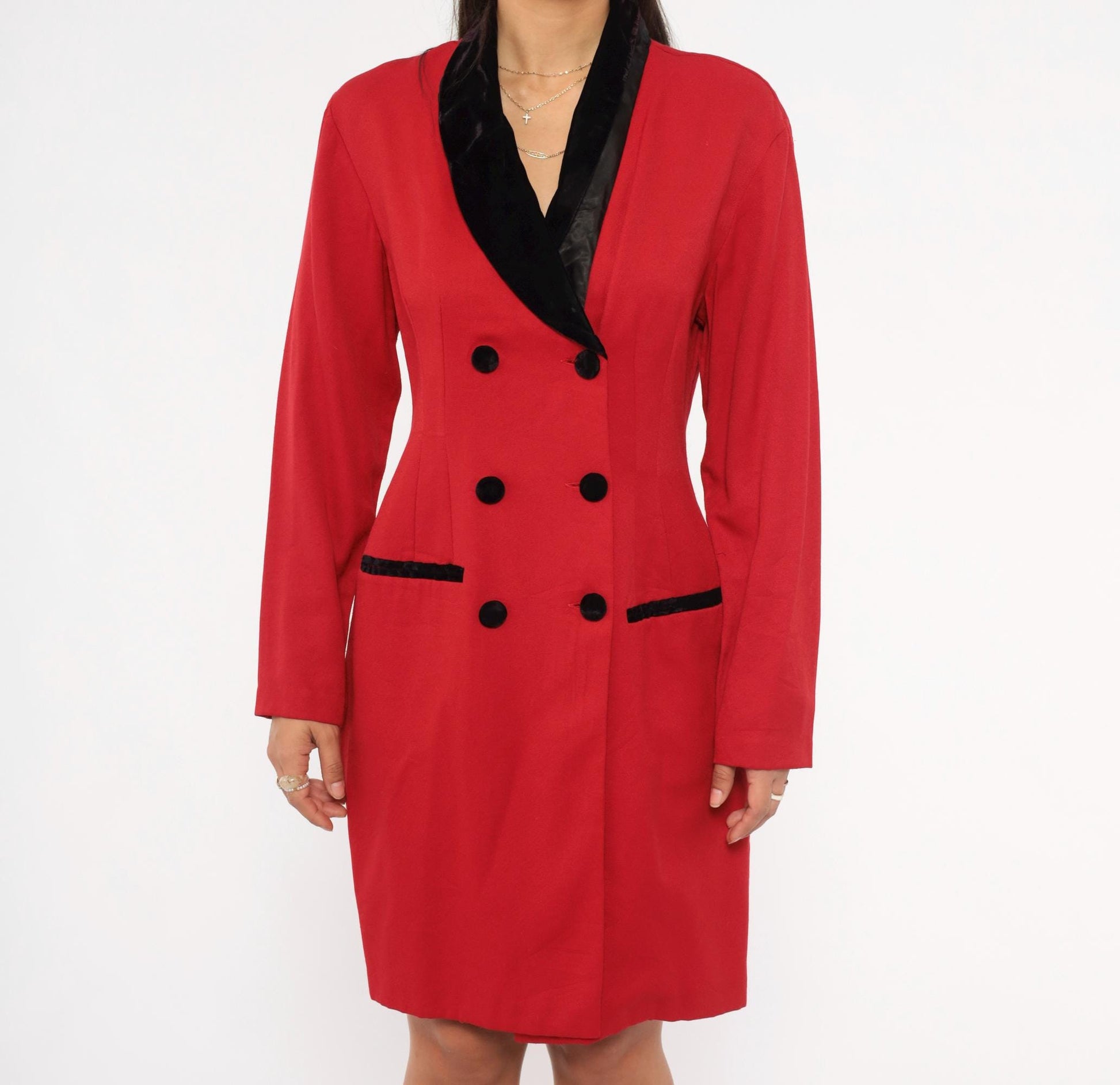 90s Scarlett Red Double Breasted Blazer Dress Velvet Collar Knee Length Small