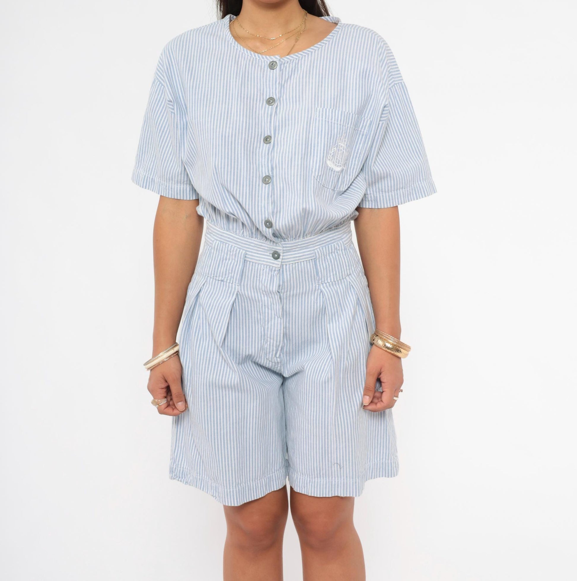 80s FADS Blue White Pinstripe Cotton Romper Pleated High-Rise Small S