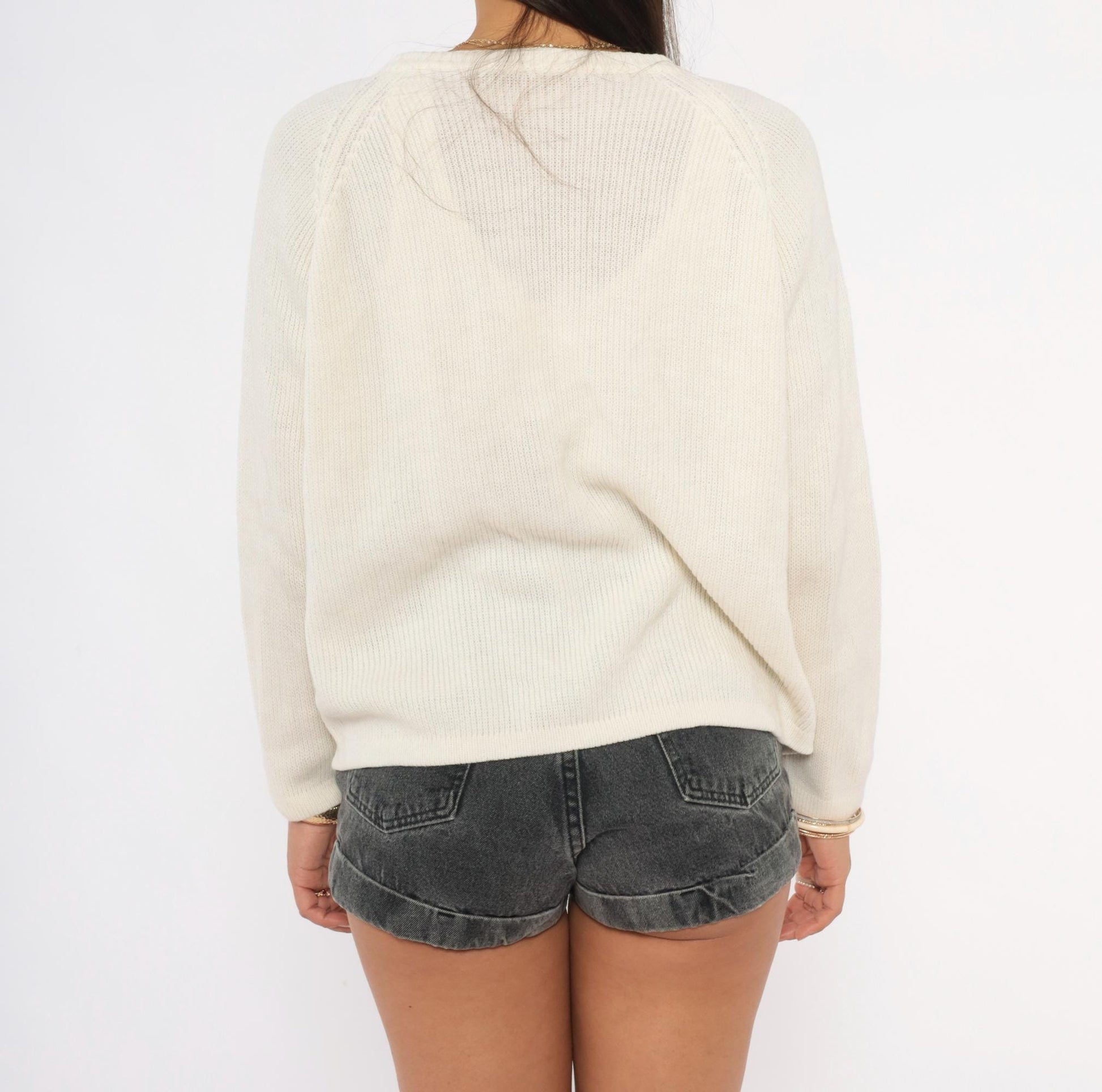 60s Embroidered Floral Cardigan Cream Knit Raglan Wooden Buttons Medium
