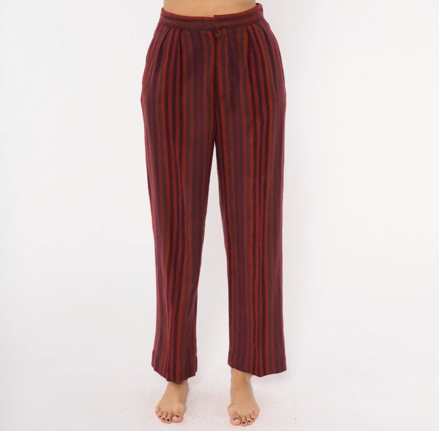 70s Burgundy Striped High Waist Tapered Trousers Pleated Front Small