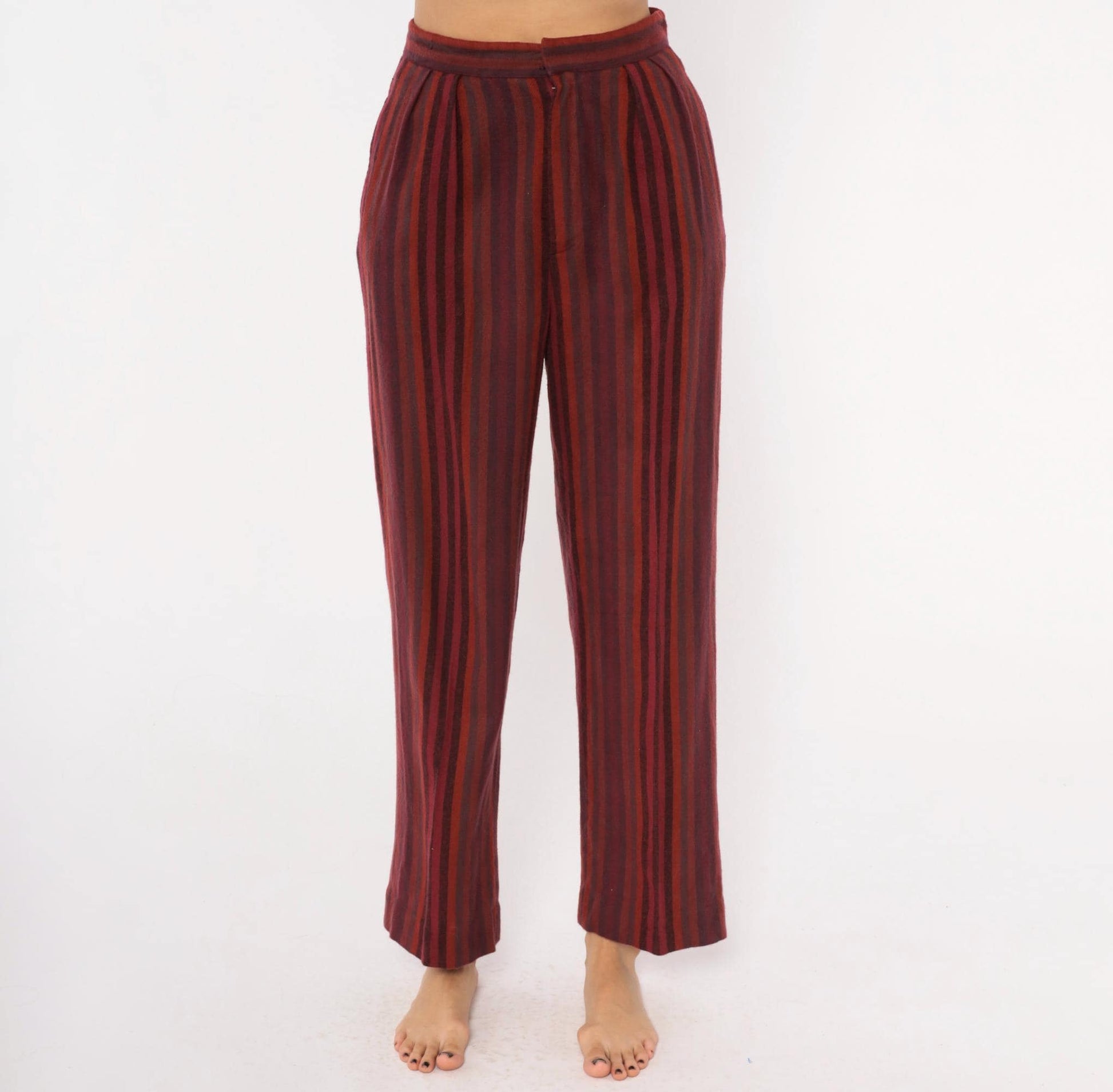 70s Burgundy Striped High Waist Tapered Trousers Pleated Front Small