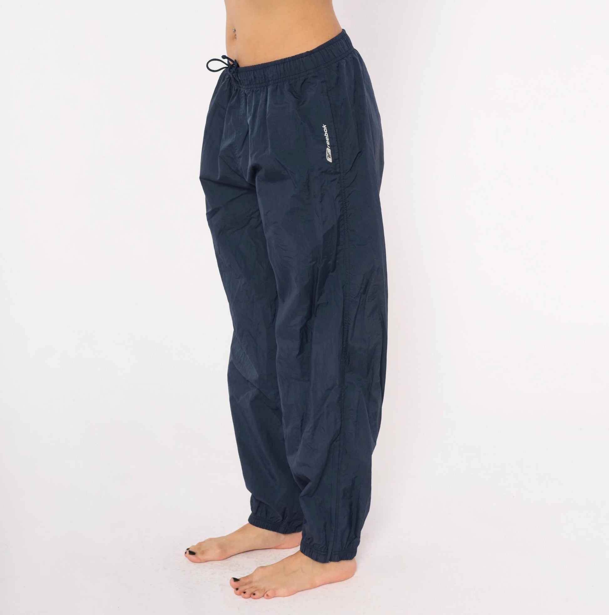 2000s Reebok Navy Nylon Track Pants Elastic Cuff Athletic Medium M