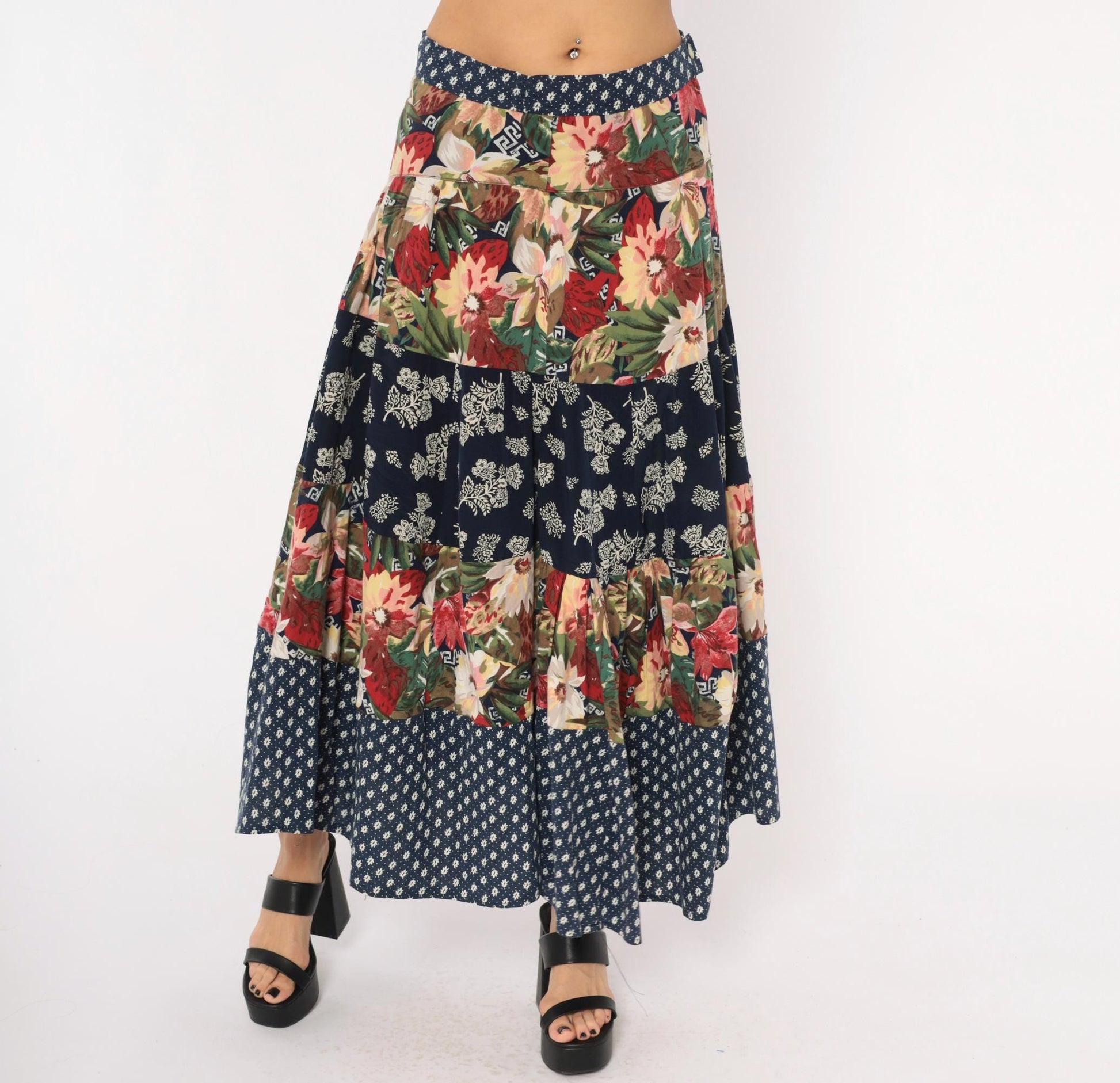 80s Patchwork Tiered Midi Skirt Floral Navy Cotton Medium M