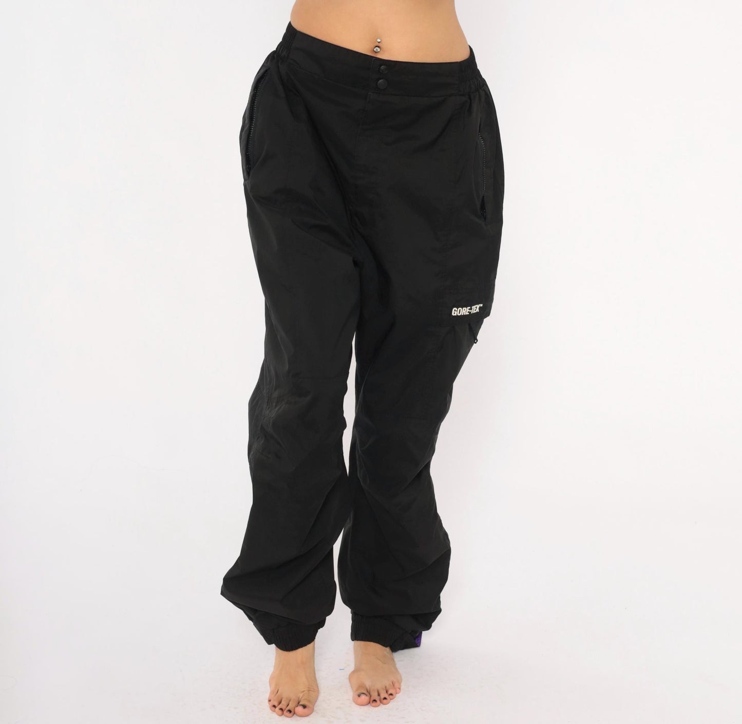 2000s Gore-Tex Black Nylon Shell Pants Cargo Pocket Snap Waist Large L