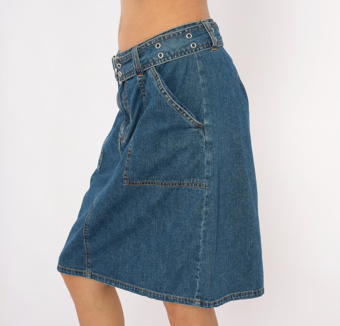 2000s Bill Blass Belted Denim Mini Skirt Indigo Cotton Medium M