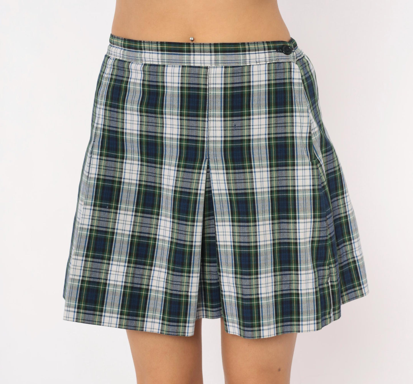 80s Donalds Navy Green Plaid Pleated Skort Tartan Mini Small S