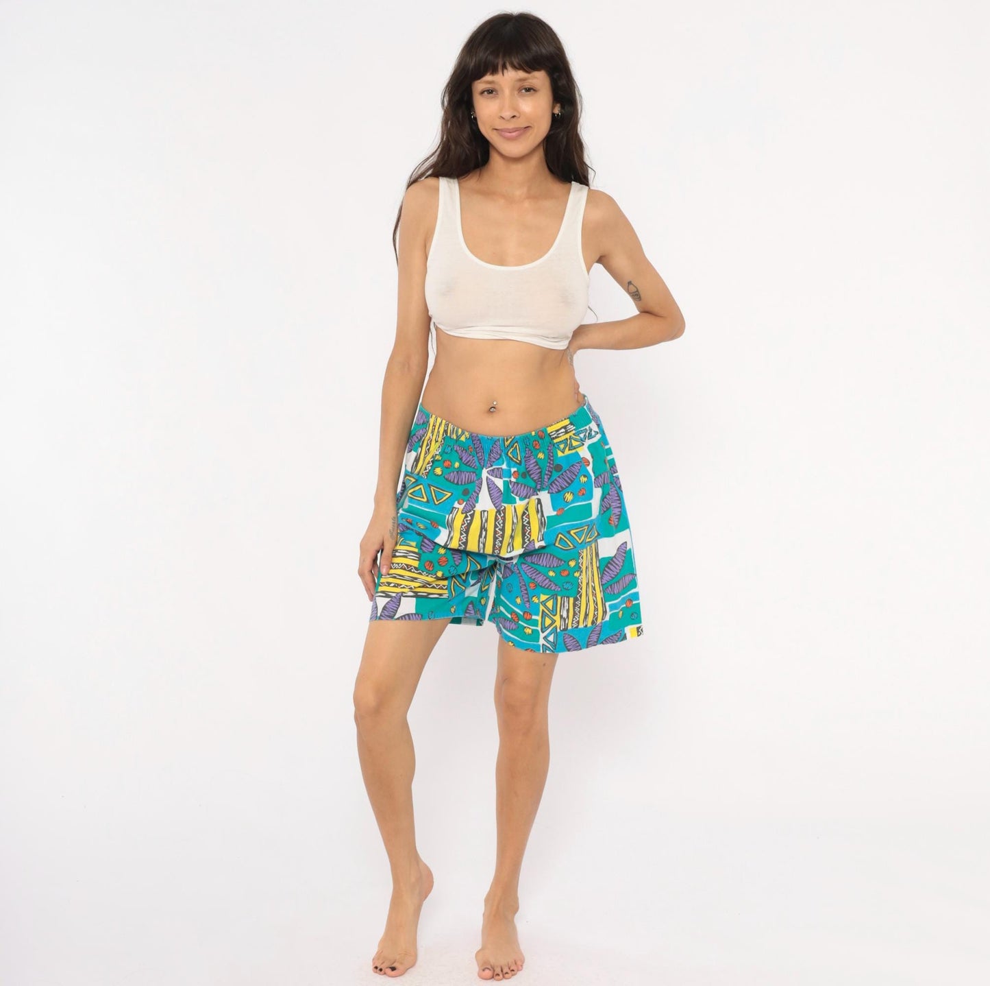 90s Athletic Works Abstract Shorts Teal Purple Geometric Print Cotton Medium