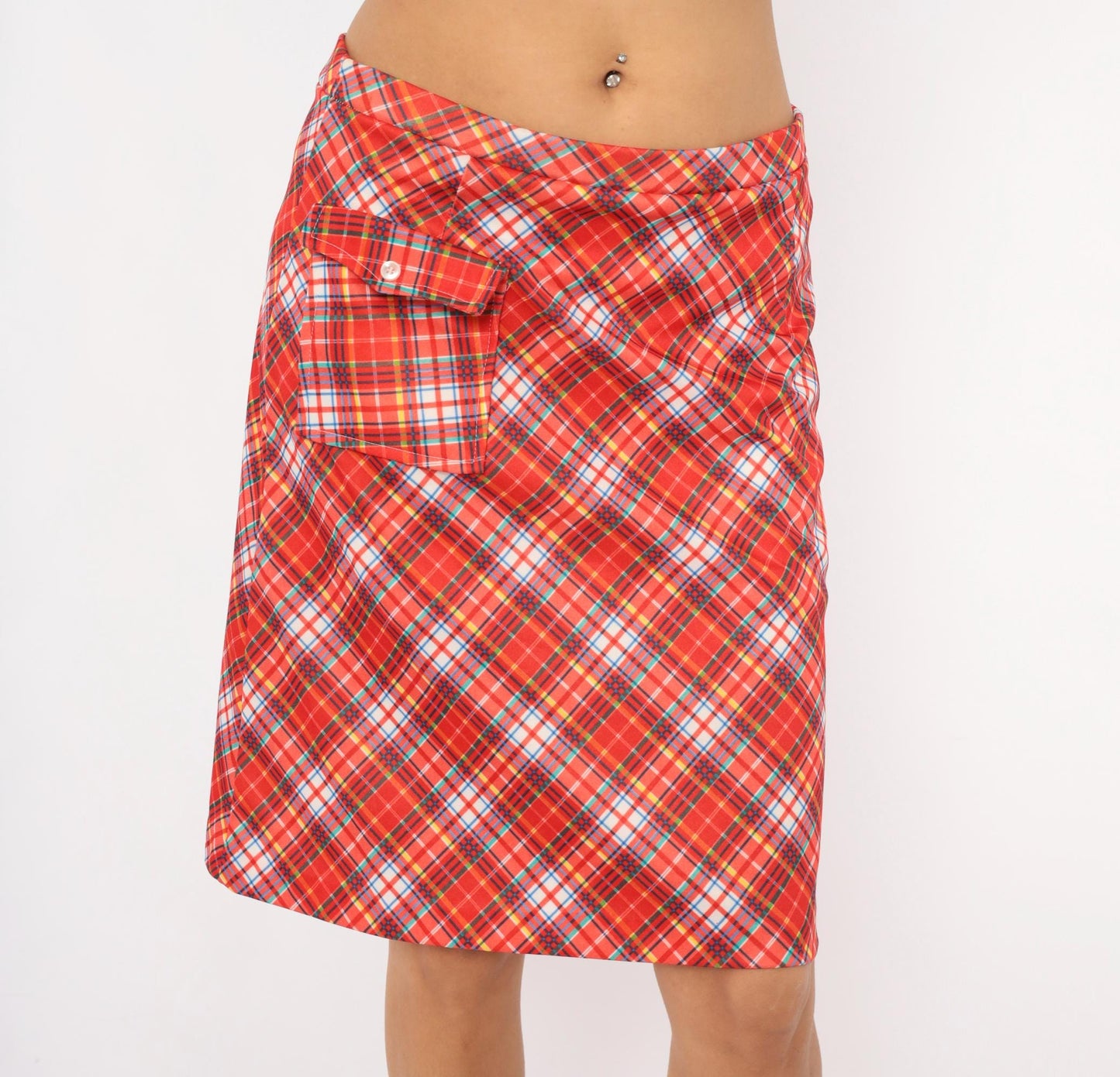 70s Red Tartan Plaid Skort A-Line Knee Length Built-In Shorts Medium Large