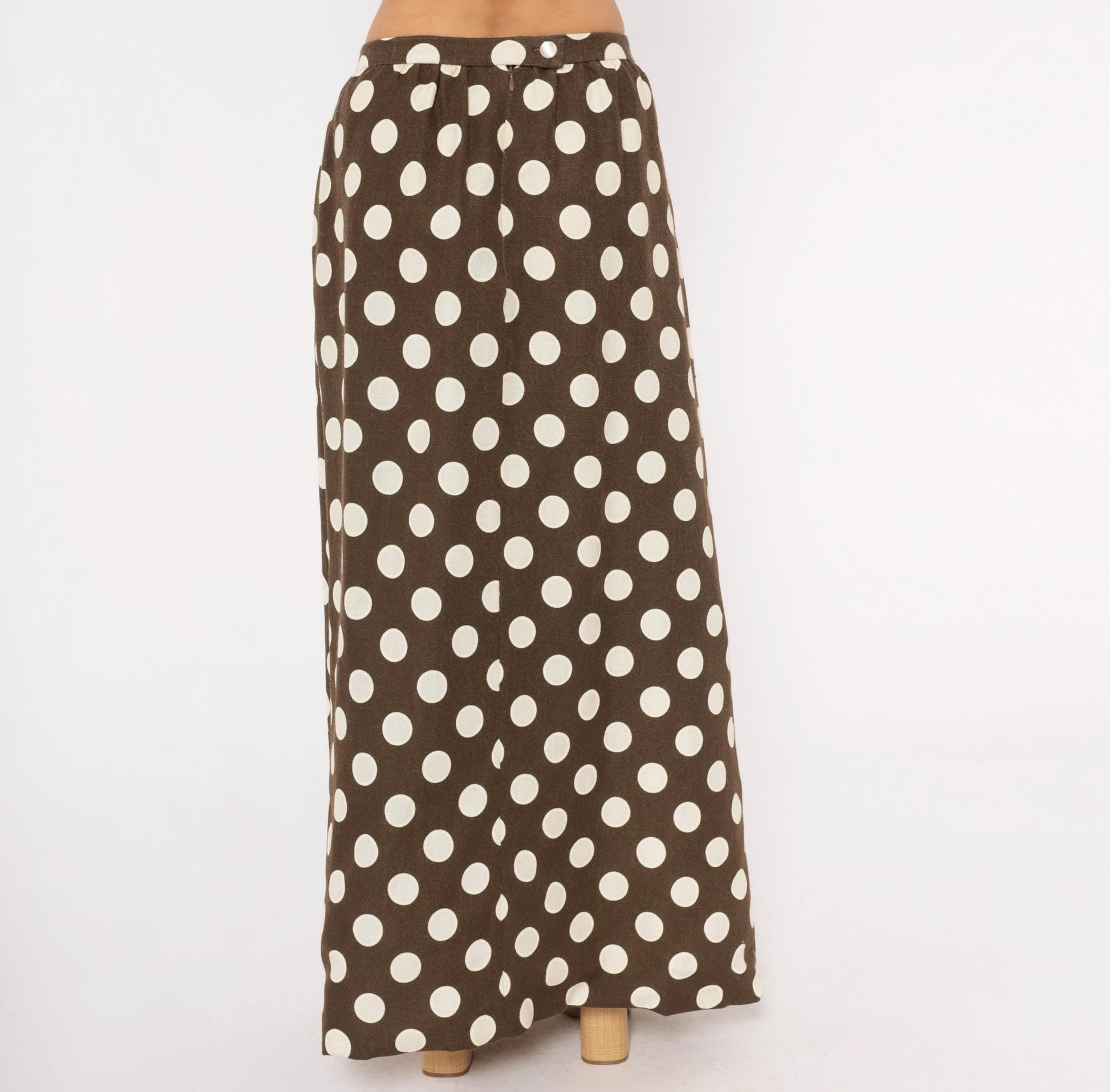 70s Brown Cream Polka Dot Maxi Skirt A-Line Cotton Gathered Waist Medium