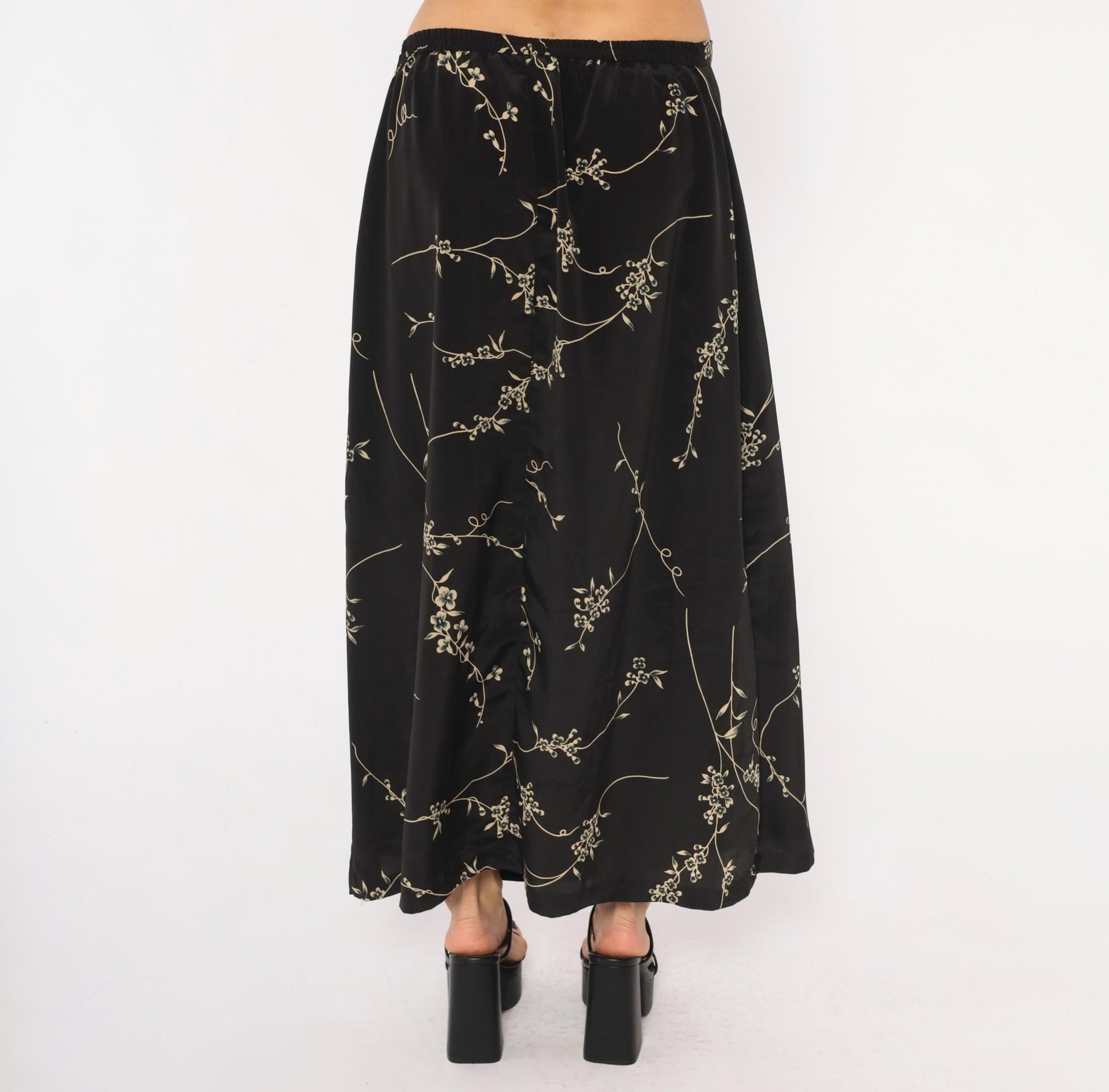 90s Studio C Cherry Blossom Maxi Skirt Black Tan Floral Elastic Waist Extra Large