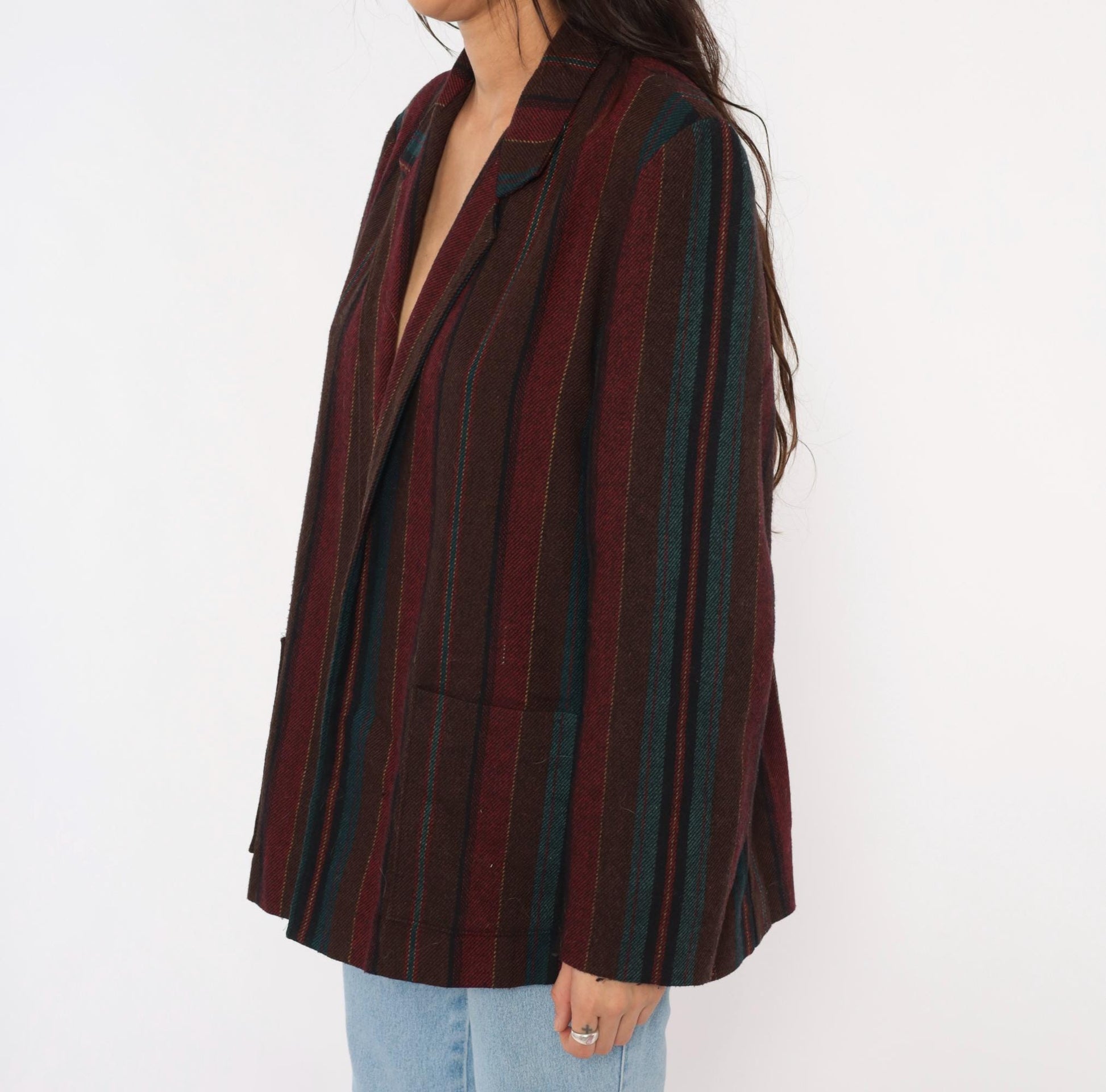 80s Koret Wool Blazer Burgundy Teal Striped Herringbone Notched Lapel Medium Large