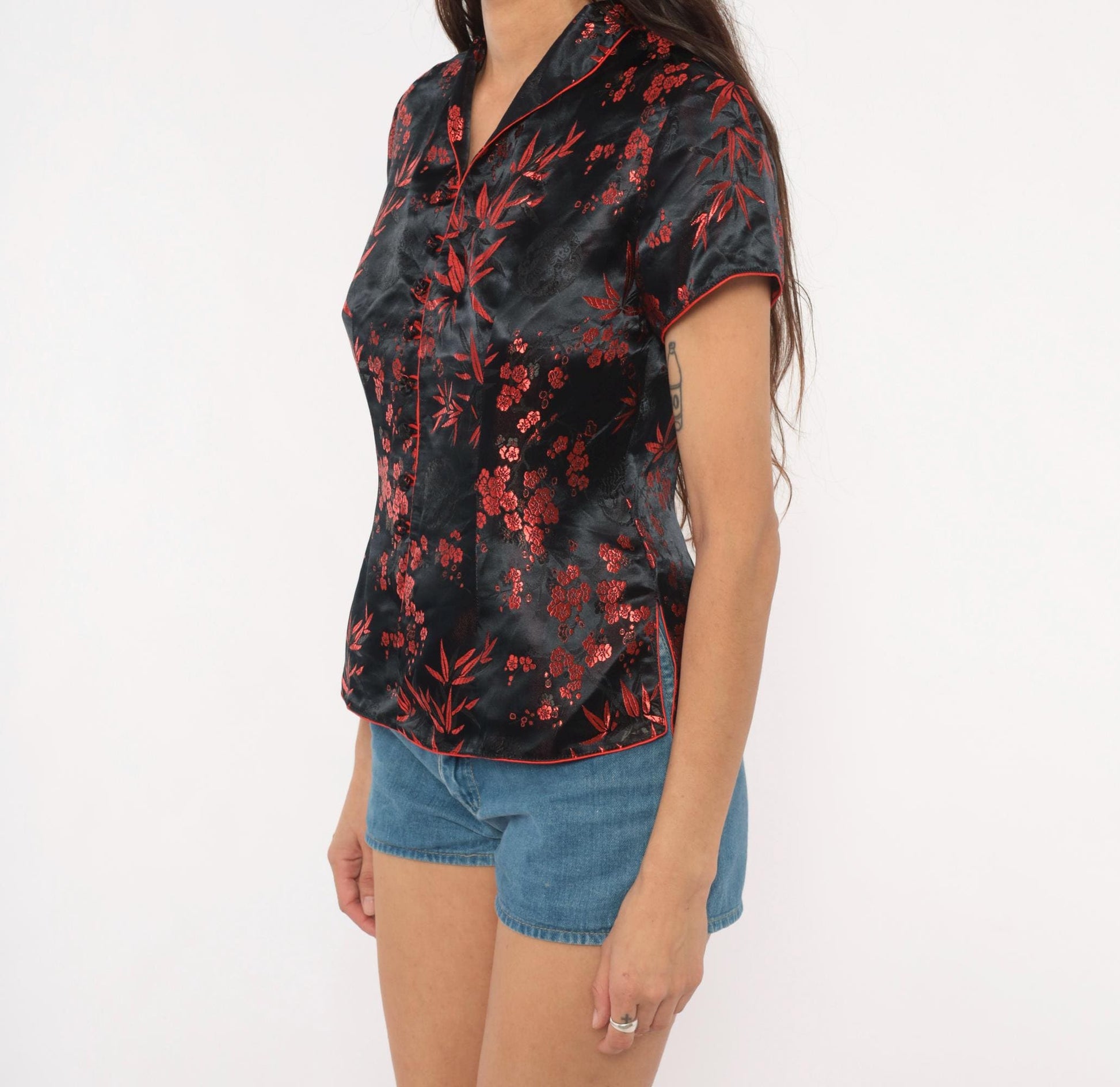 2000s Black Red Silk Cheongsam Top Mandarin Collar Brocade Medium M