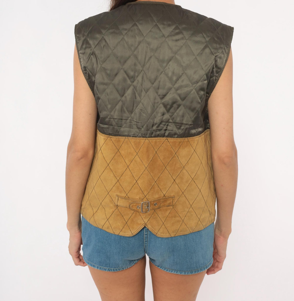 80s Robert Comstock Tan Suede Vest Diamond Quilted Buckle Back Small