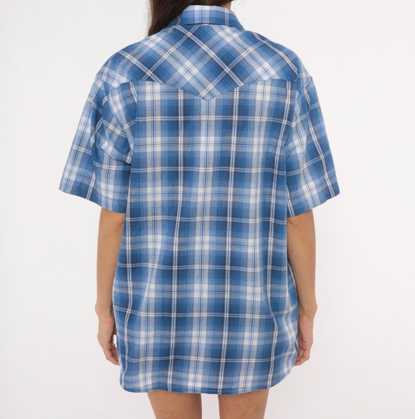 Y2K Wrangler Western Pearl Snap Shirt Blue Plaid Cotton Blend Large L