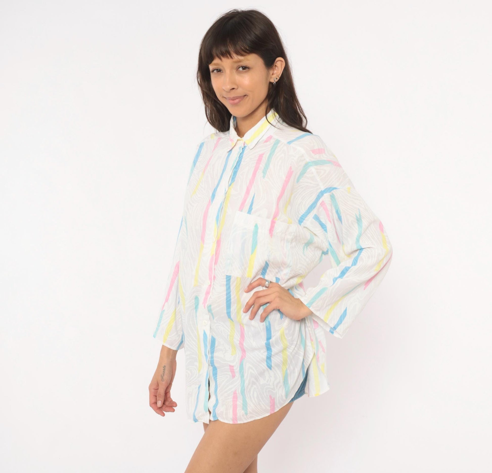 90s Ardmore Abstract Brushstroke Button Blouse Pink Blue Yellow Large L