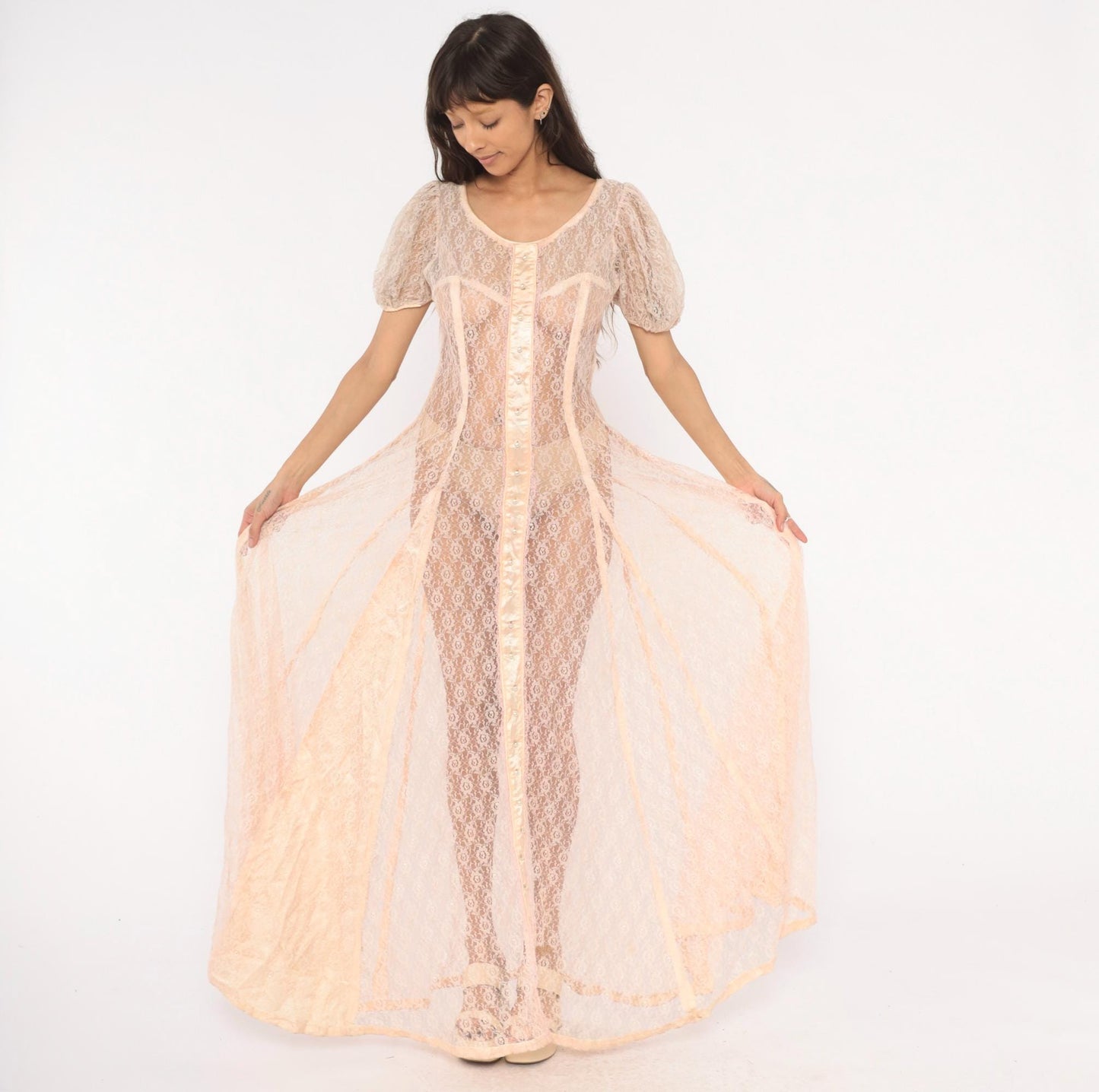 1950s Blush Pink Sheer Lace Maxi Gown Puff Sleeve Corset Bodice Large L