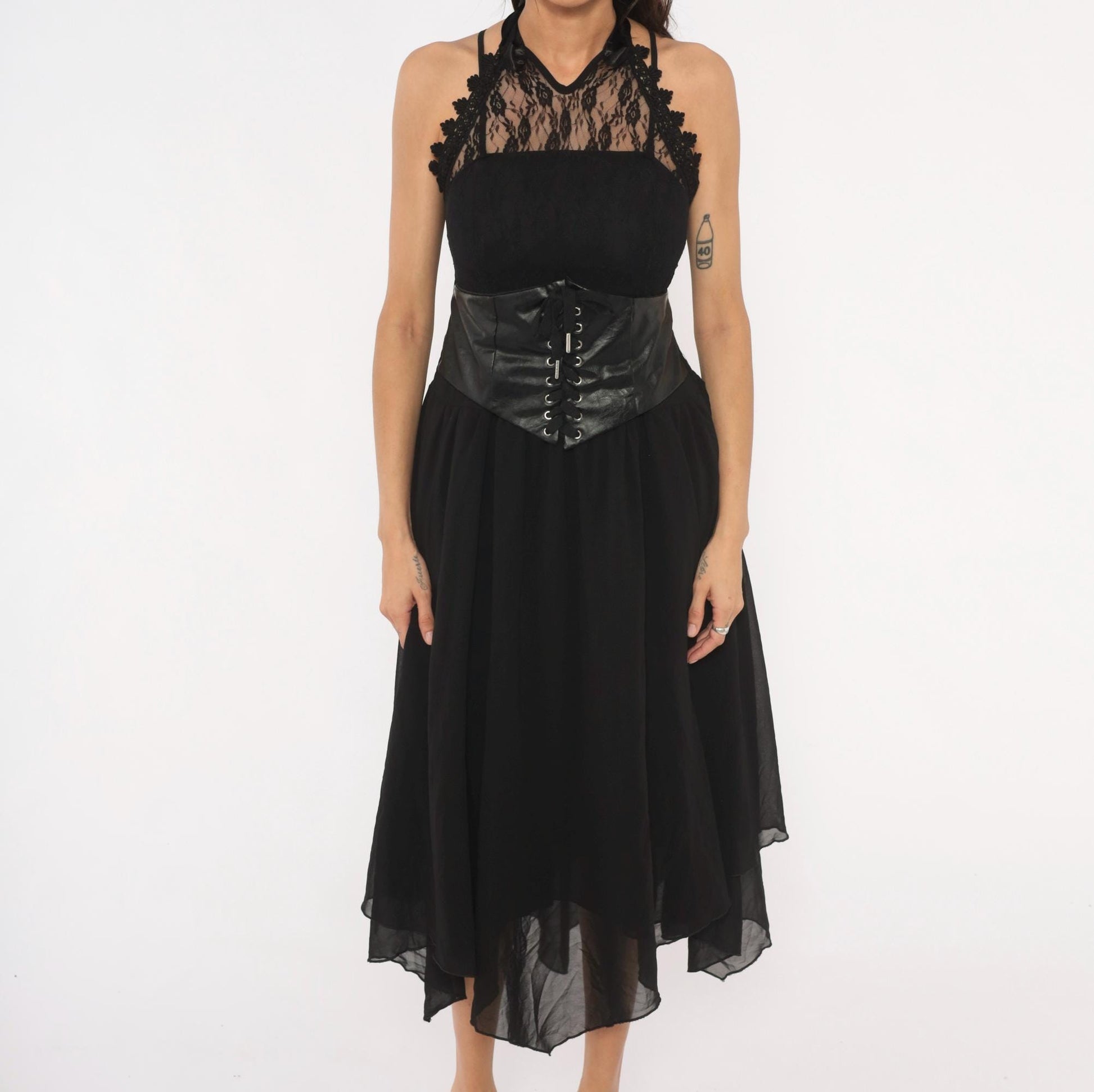 2000s Black Lace Corset Halter Midi Dress Chiffon Handkerchief Hem Plus Size XXL