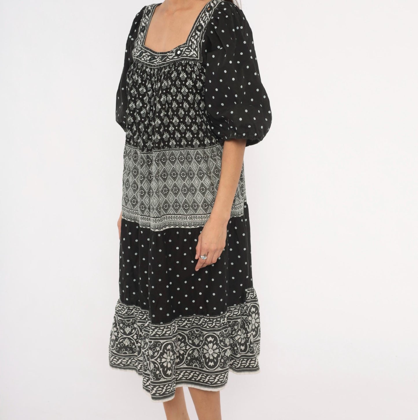 90s Ramona Rull Black Floral Midi Dress Square Neck Puff Sleeve Cotton Extra Large