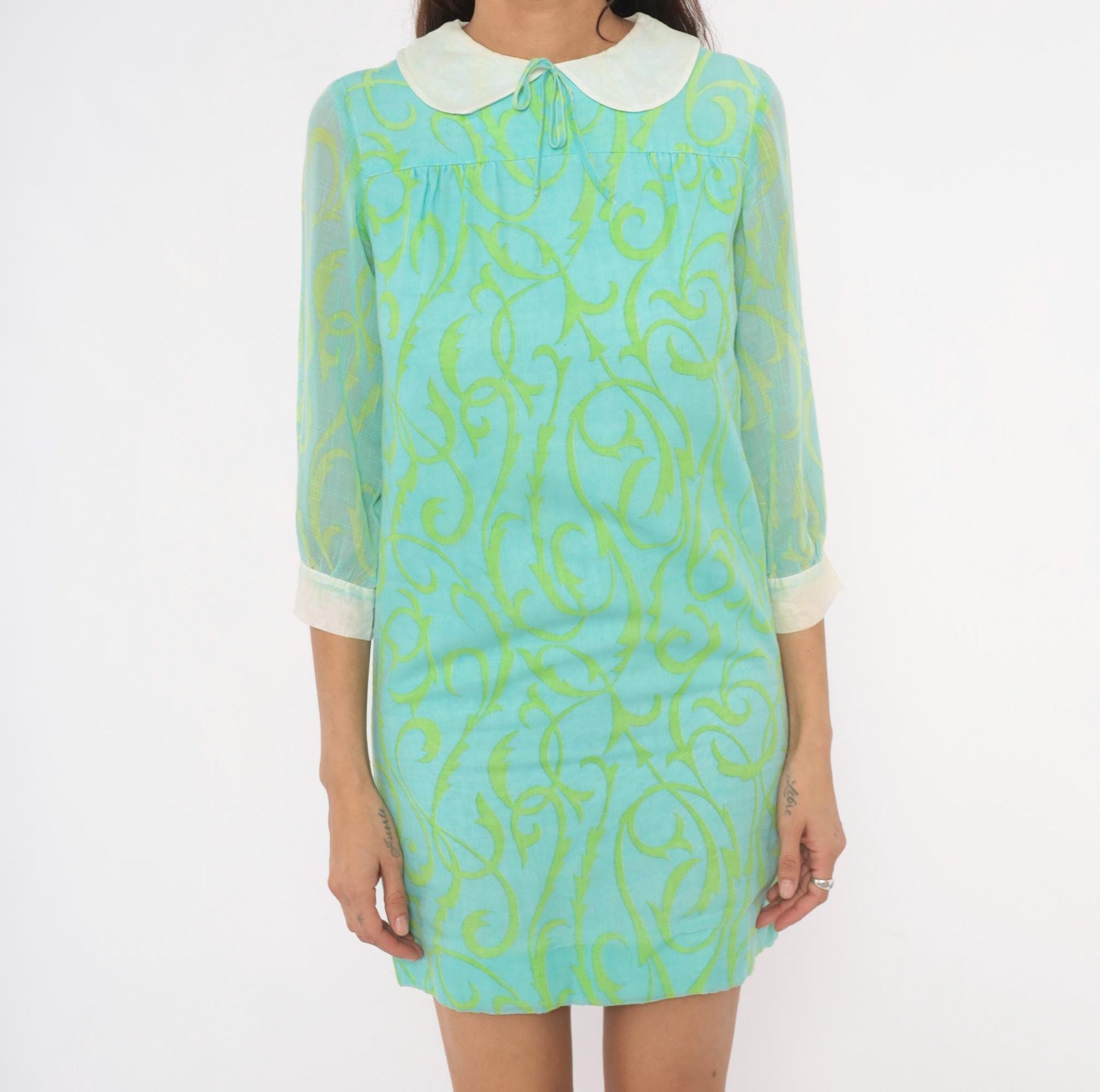 60s Psychedelic Swirl Mini Dress Aqua Lime Peter Pan Collar Shift XS