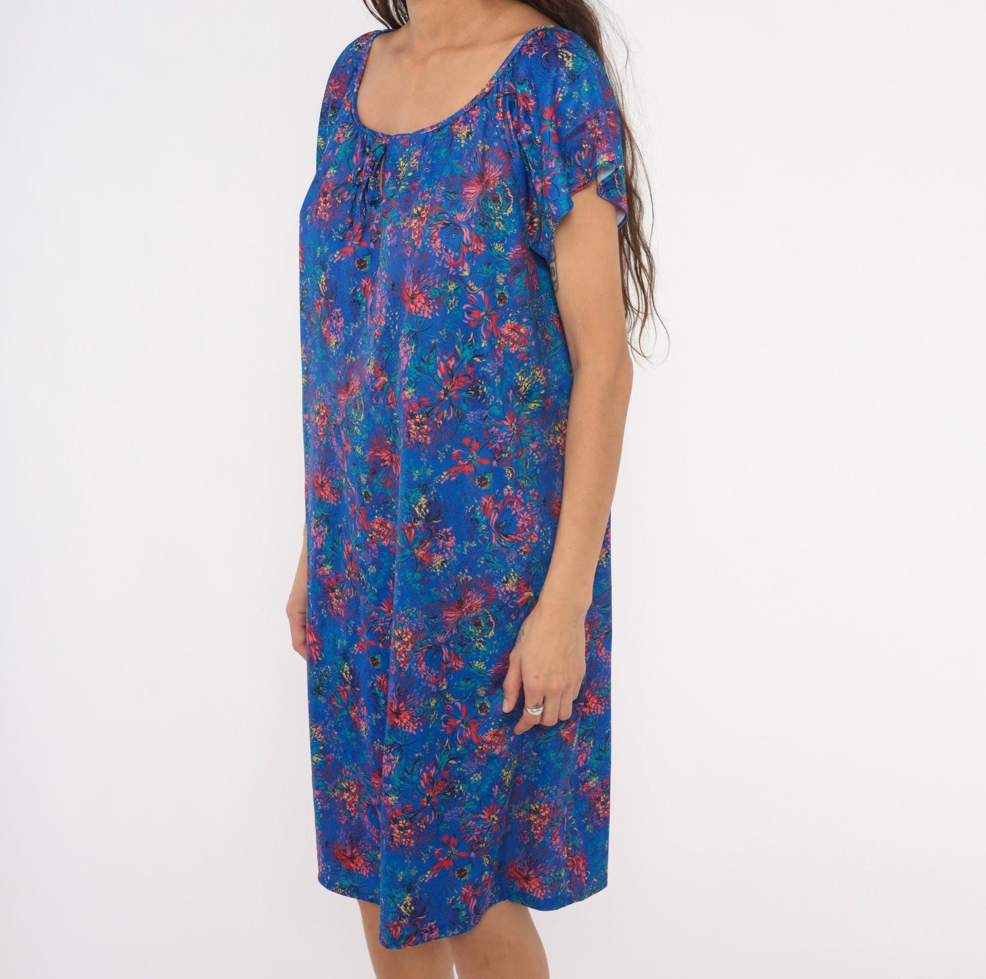70s Improved Living Floral Shift Dress Cobalt Blue Knee-Length XL
