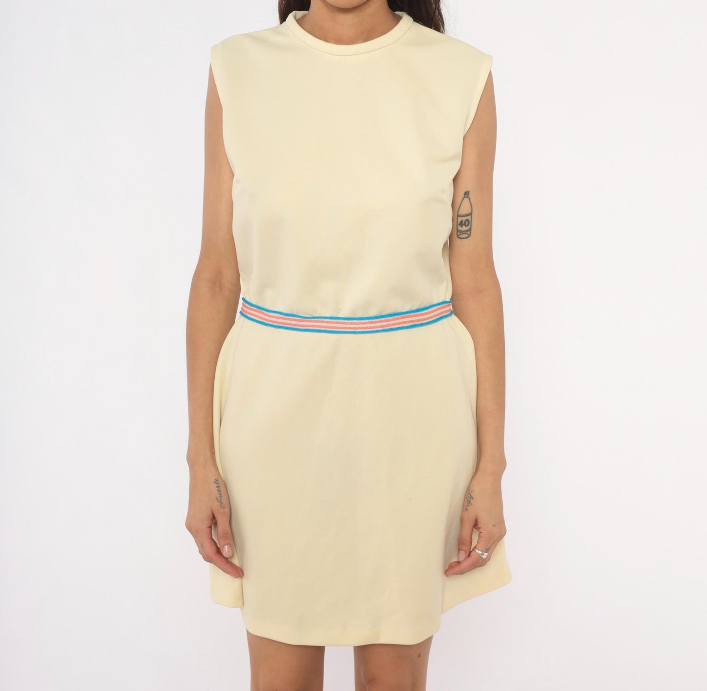 70s Cream Sleeveless Mini Dress Striped Waistband Tennis Style Shift Large L