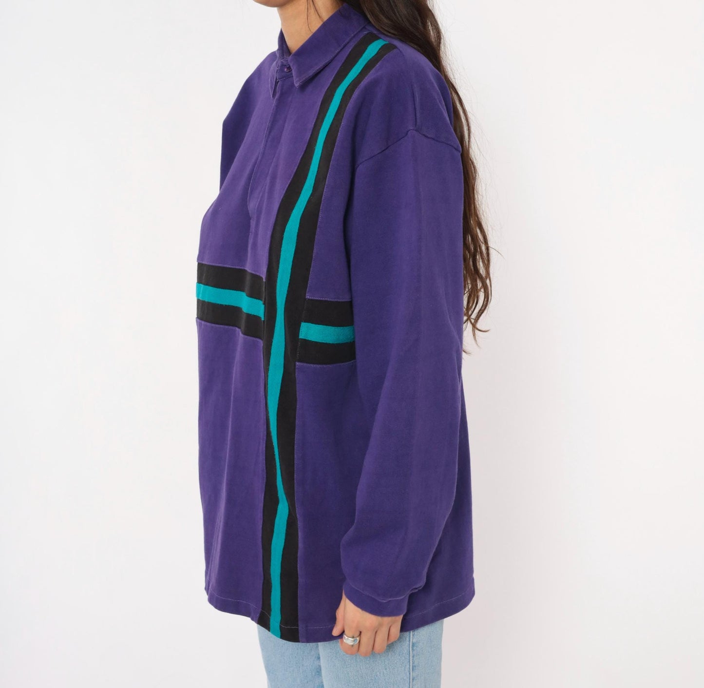 90s Billion Bay Rugby Polo Purple Teal Black Stripe Colorblock Medium