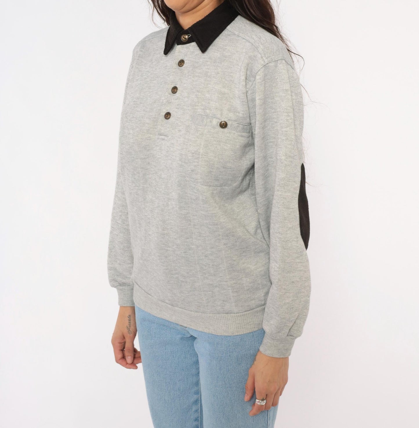 90s Scandia Woods Henley Sweatshirt Black Collar Elbow Patch Grey Small