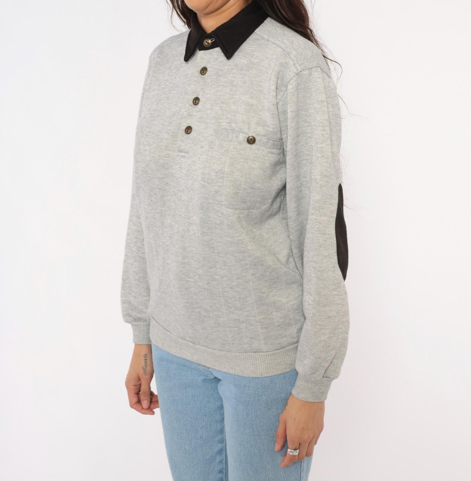 90s Scandia Woods Henley Sweatshirt Black Collar Elbow Patch Grey Small