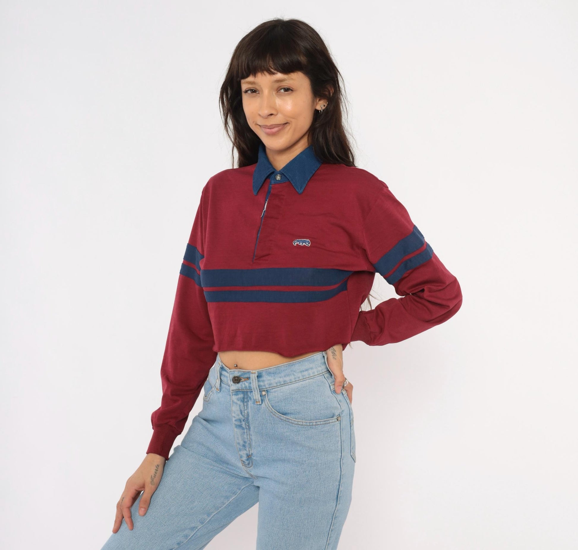 80s Burgundy Navy Stripe Cropped Rugby Polo Cotton Small Medium
