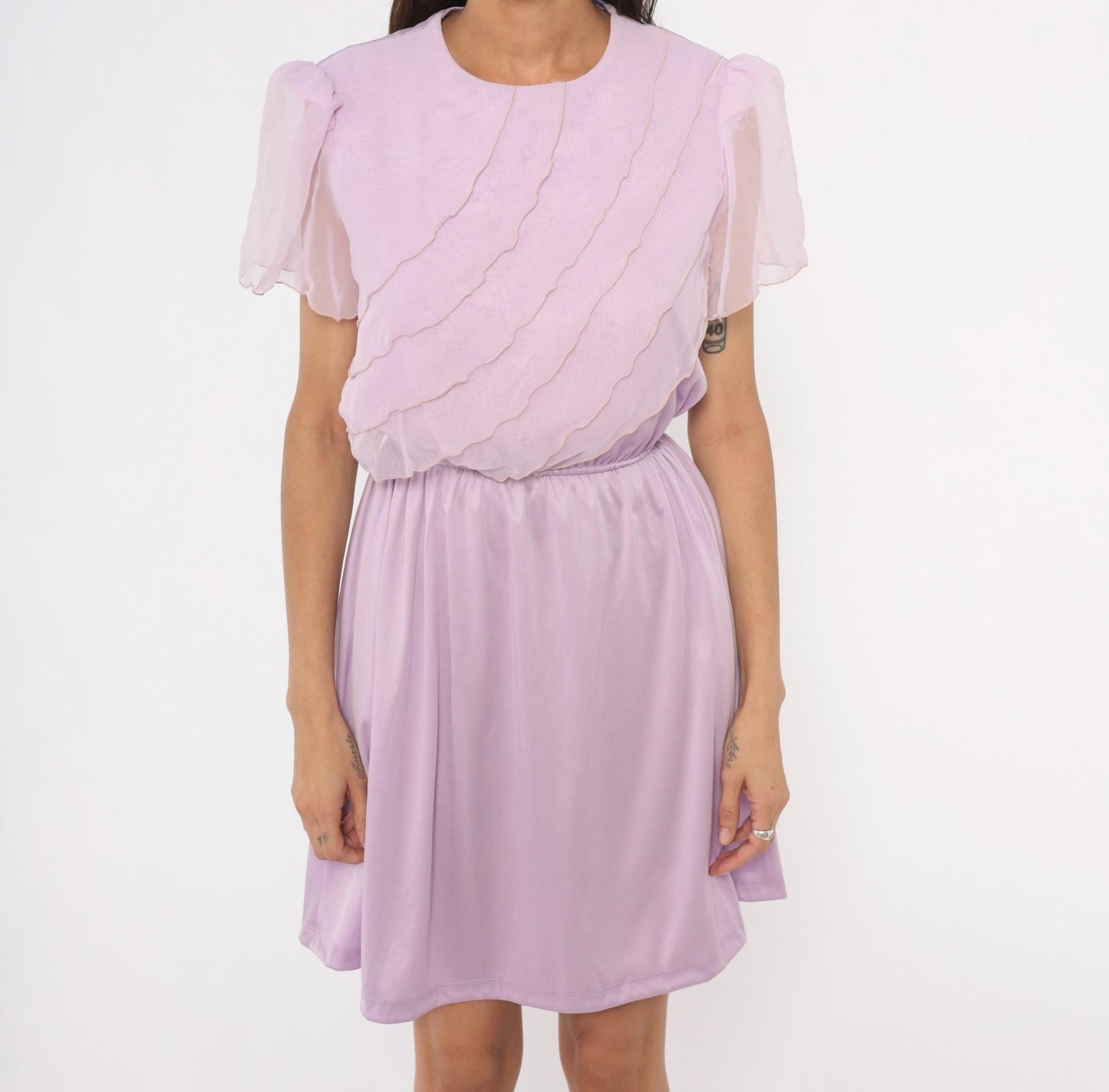 70s Lilac Chiffon Dress Flutter Sleeve Ruffle Bodice Knee-Length Small Medium