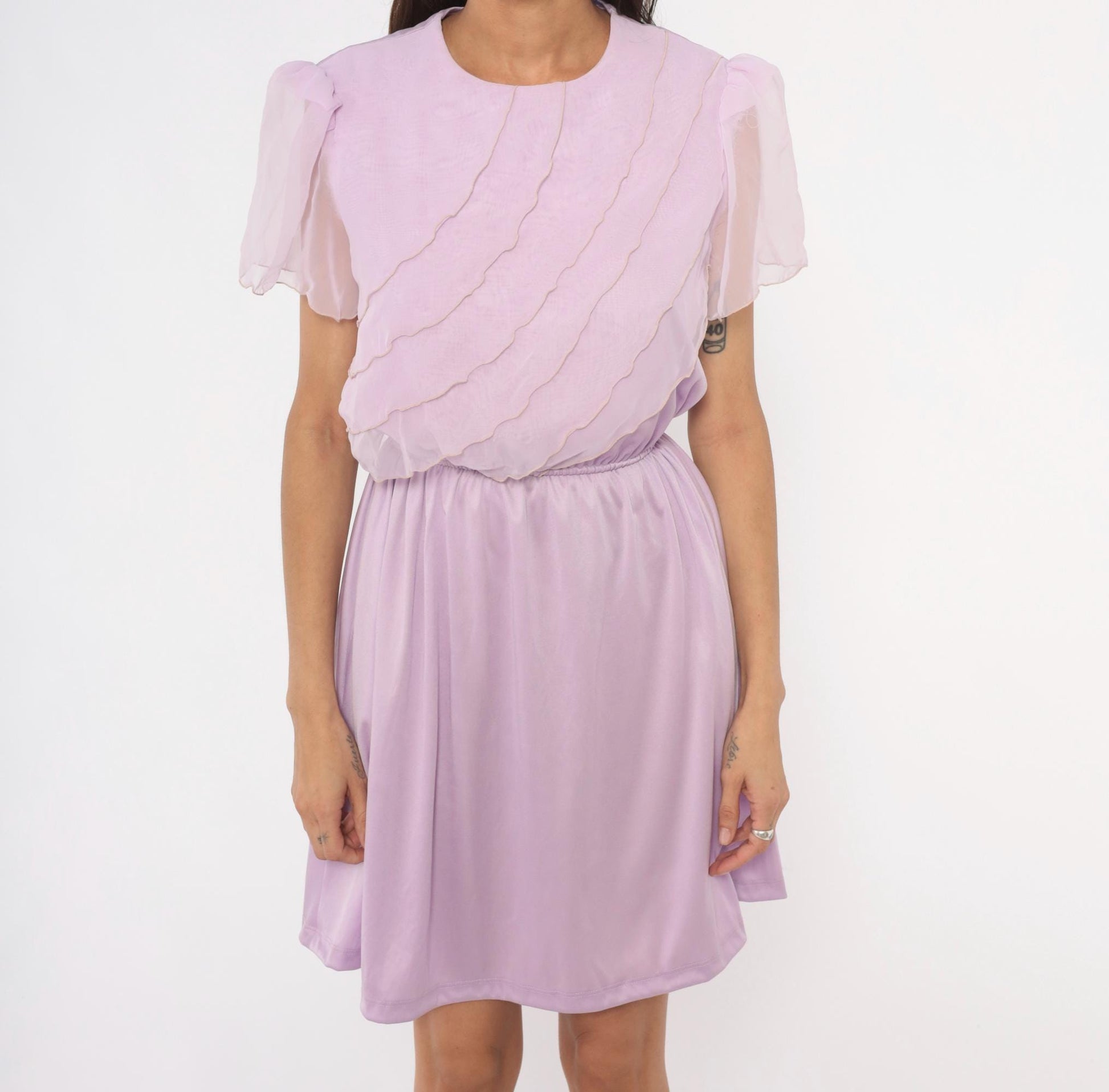 70s Lilac Chiffon Dress Flutter Sleeve Ruffle Bodice Knee-Length Small Medium