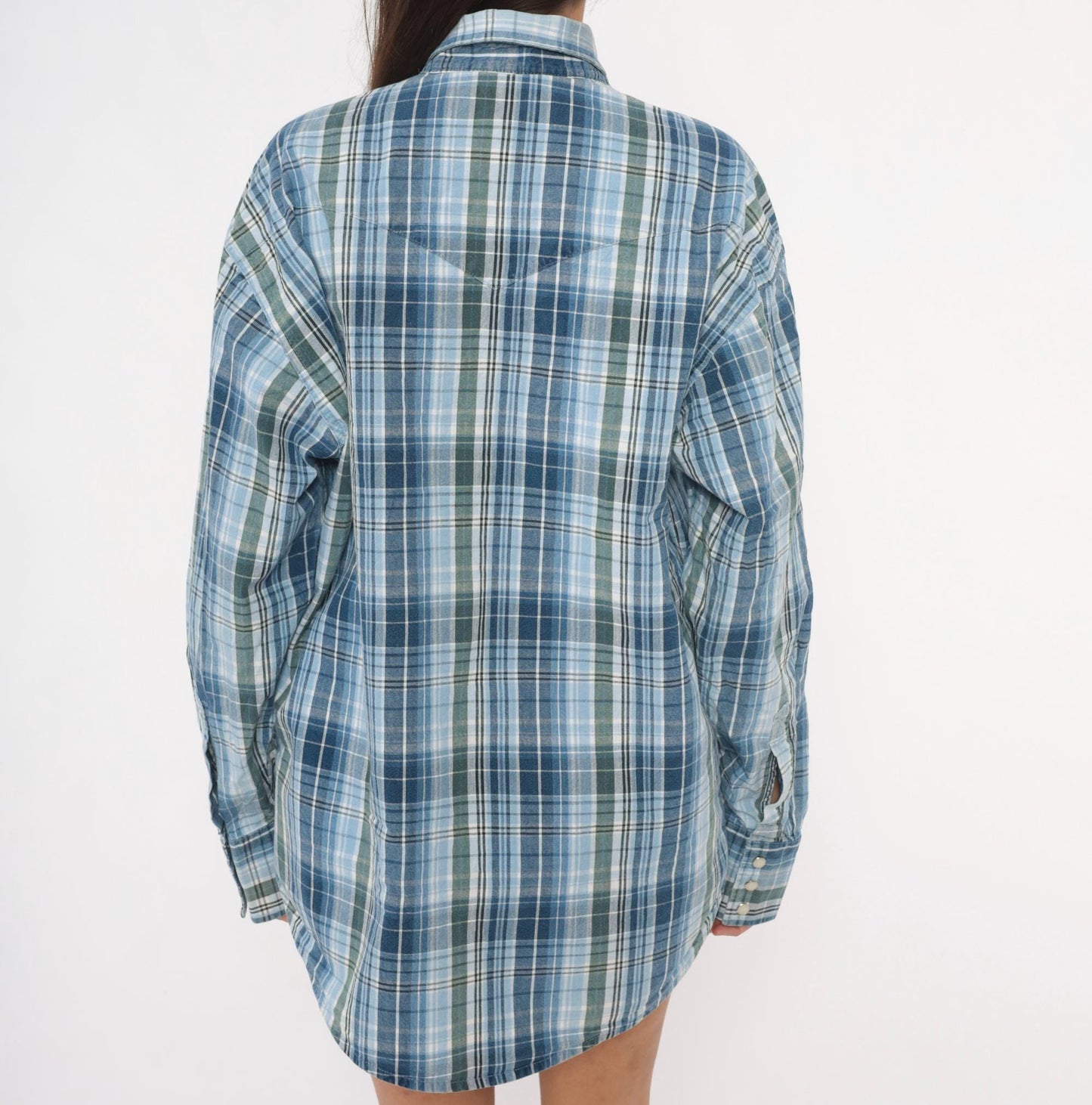 Y2K Wrangler Western Plaid Pearl Snap Shirt Blue Green XXL
