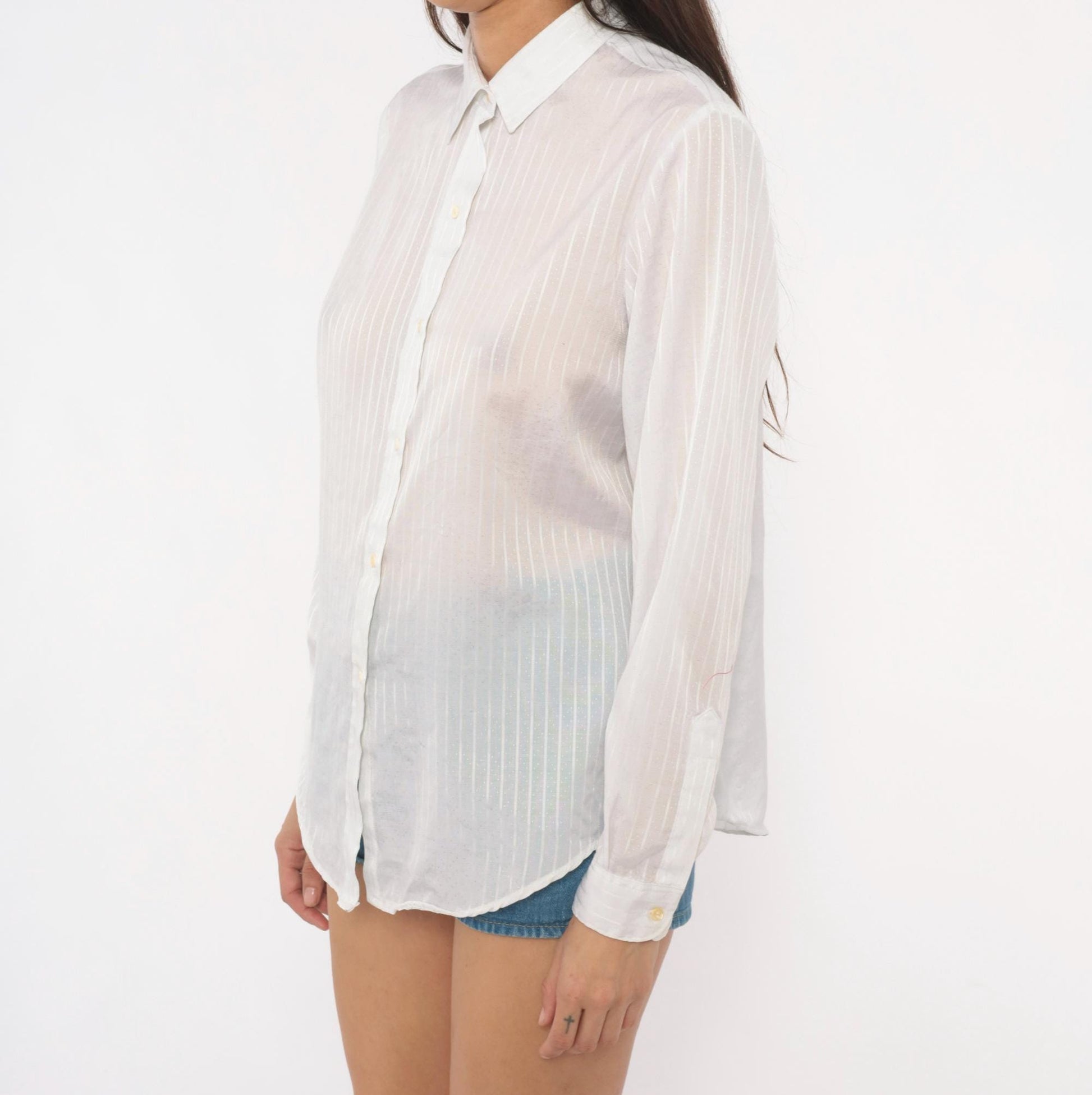 90s Cobble-Lane White Striped Button-Up Blouse Pointed Collar Large L
