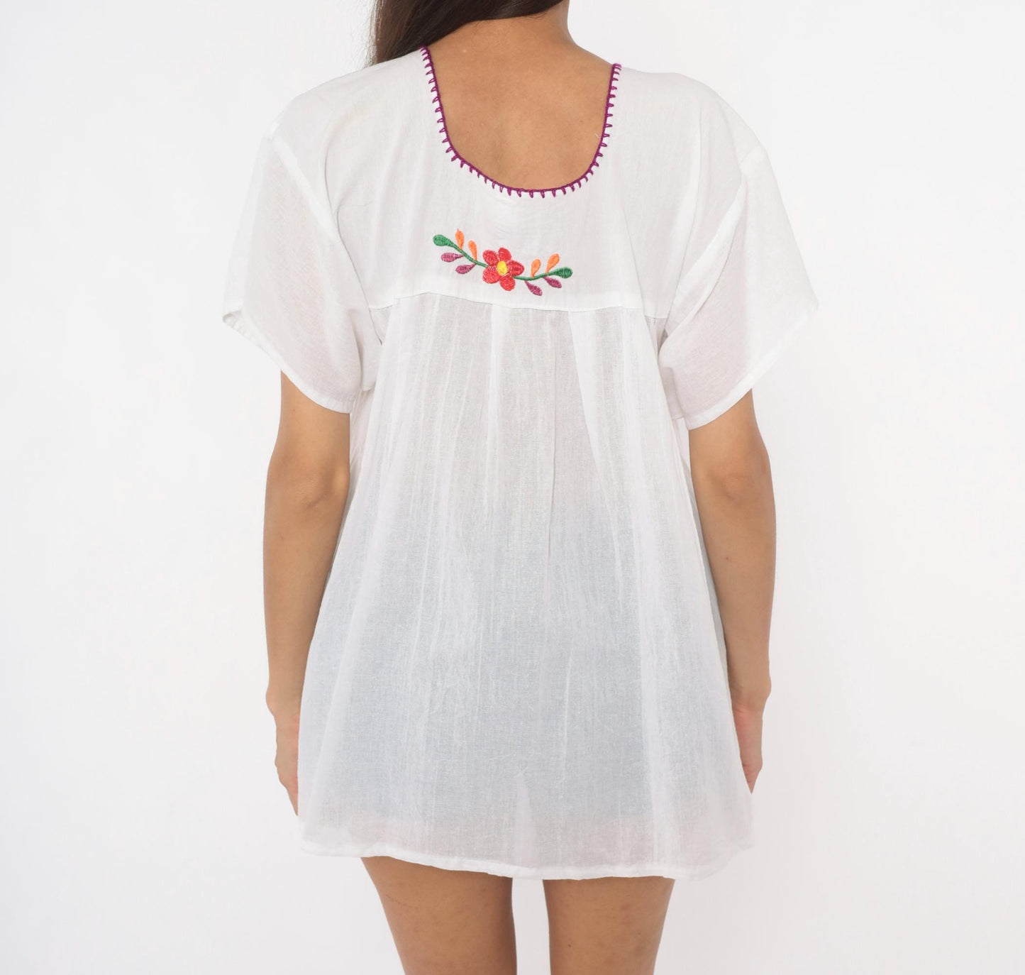 90s Mexican Embroidered Floral Blouse White Cotton Scoop Neck Large