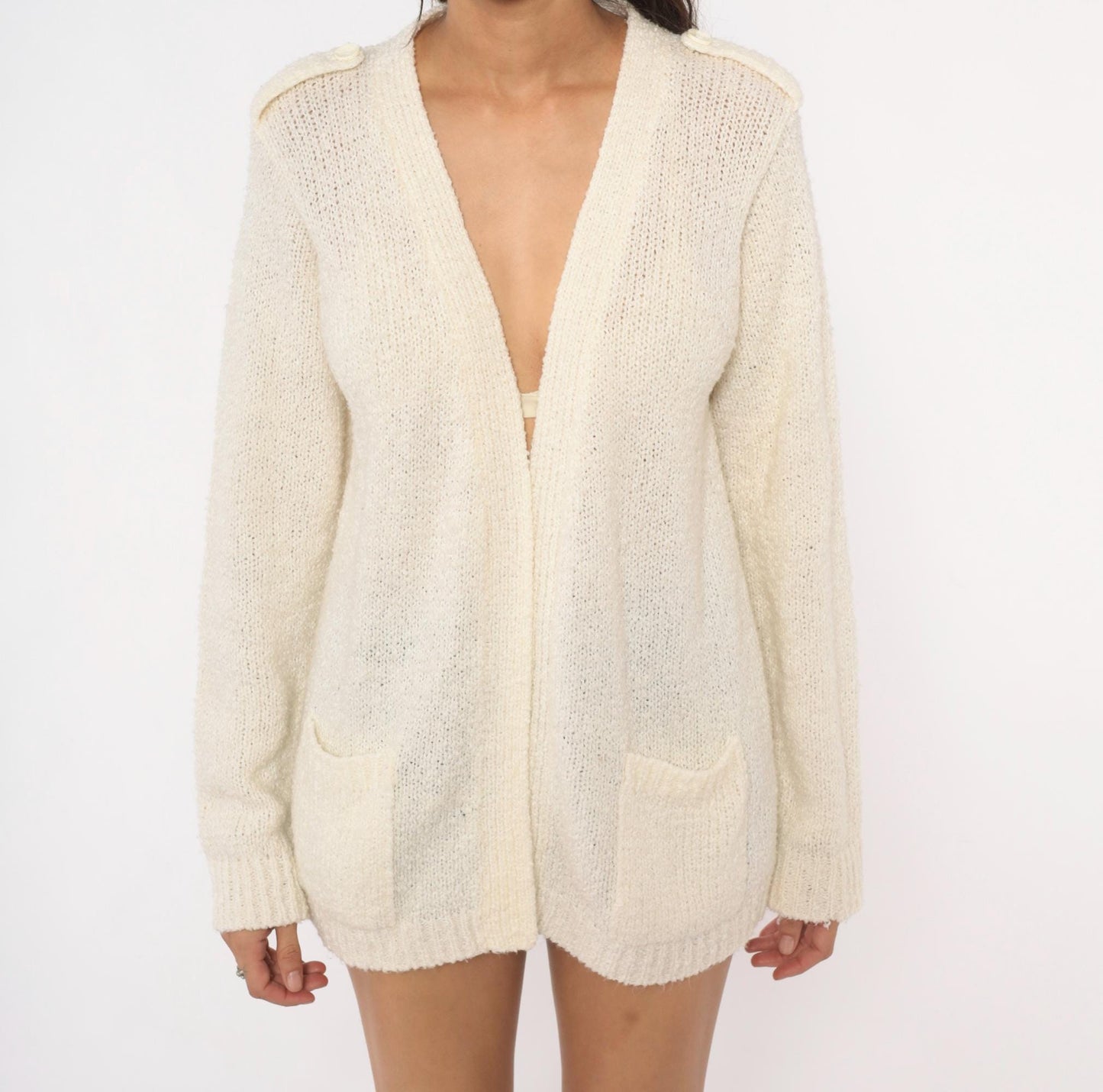 70s LeRoy Knitwear Open Front Cardigan Cream Bouclé Deep V Neck Medium