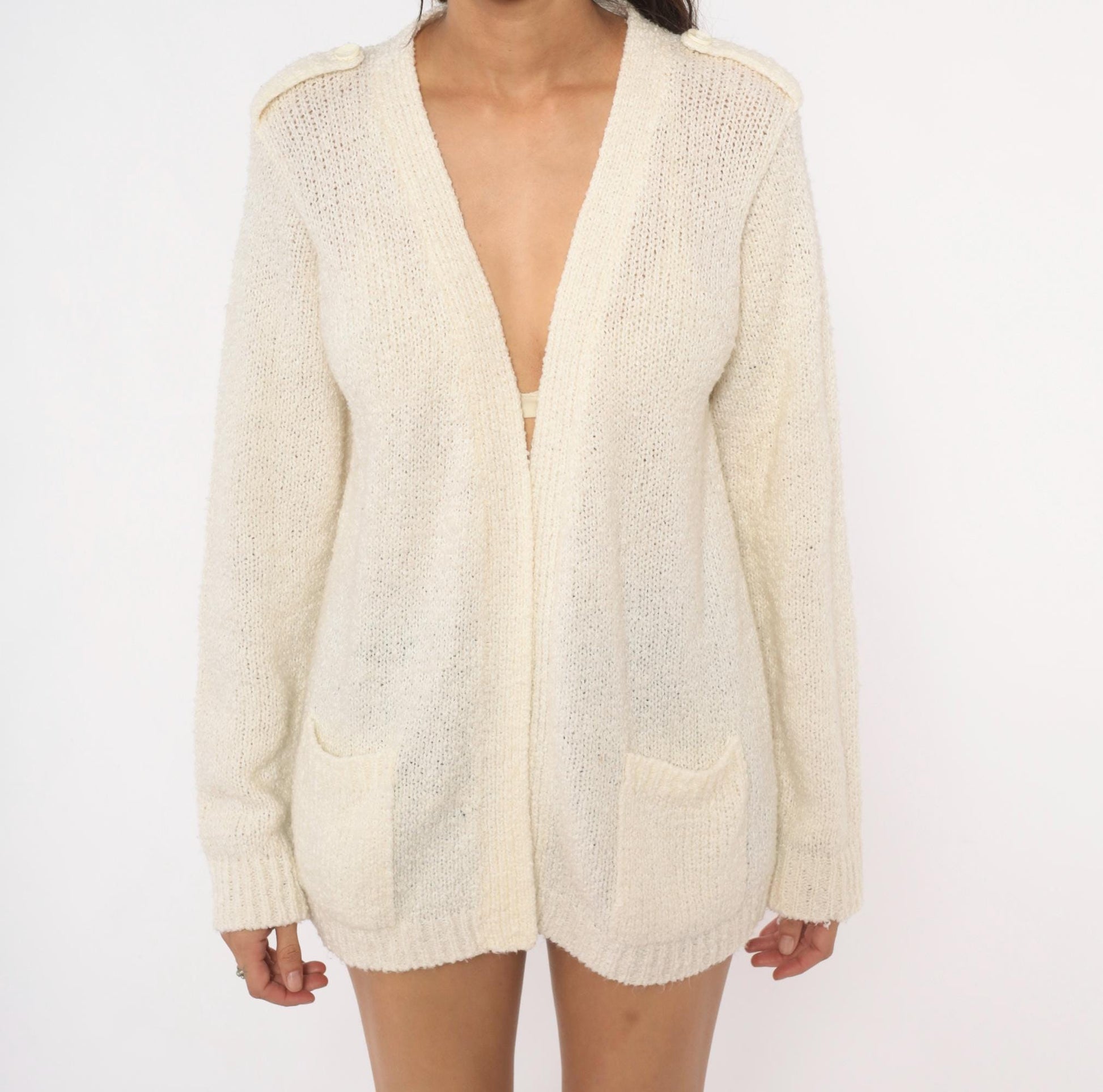 70s LeRoy Knitwear Open Front Cardigan Cream Bouclé Deep V Neck Medium
