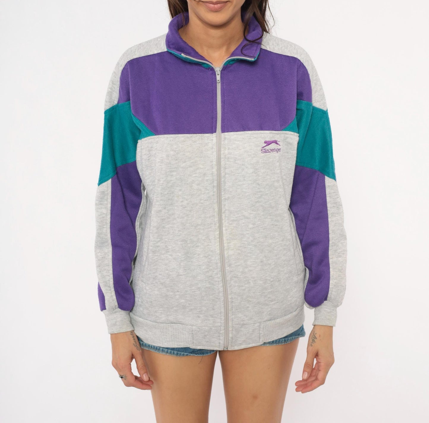 80s Slazenger Colorblock Zip Sweatshirt Purple Grey Teal Small