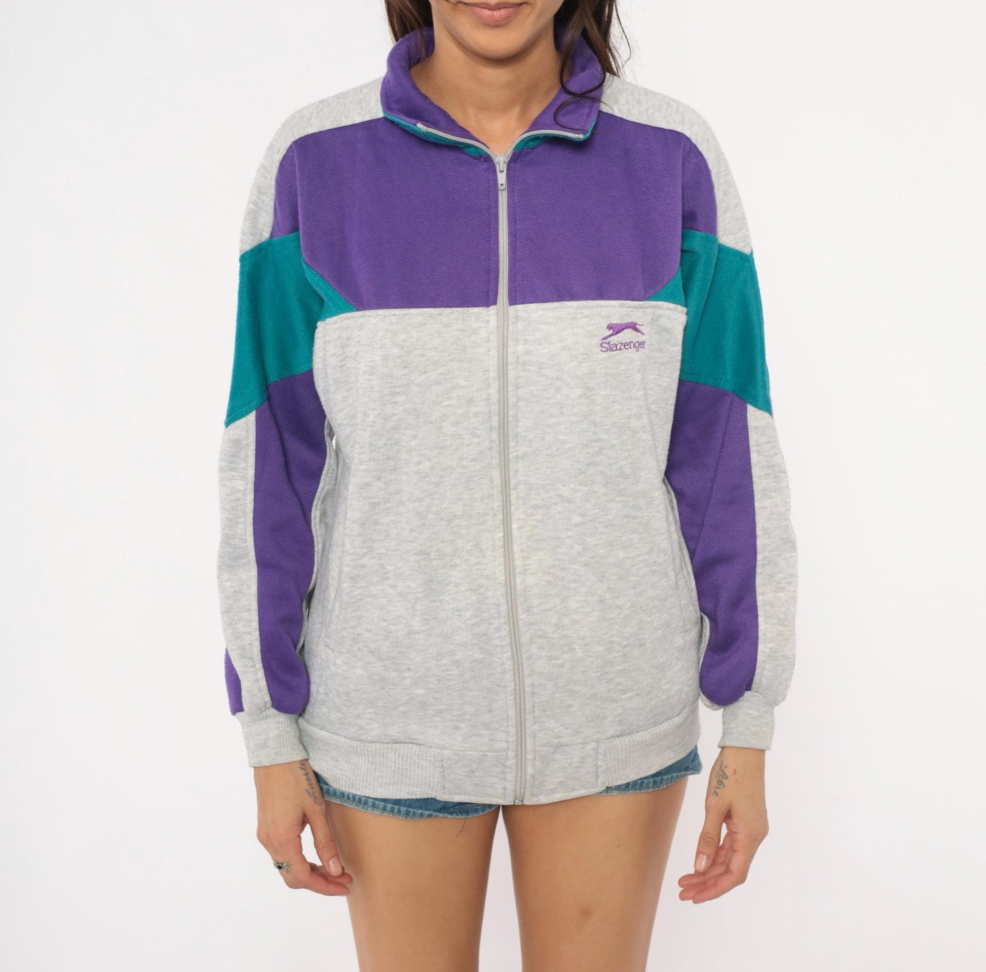 80s Slazenger Colorblock Zip Sweatshirt Purple Grey Teal Small