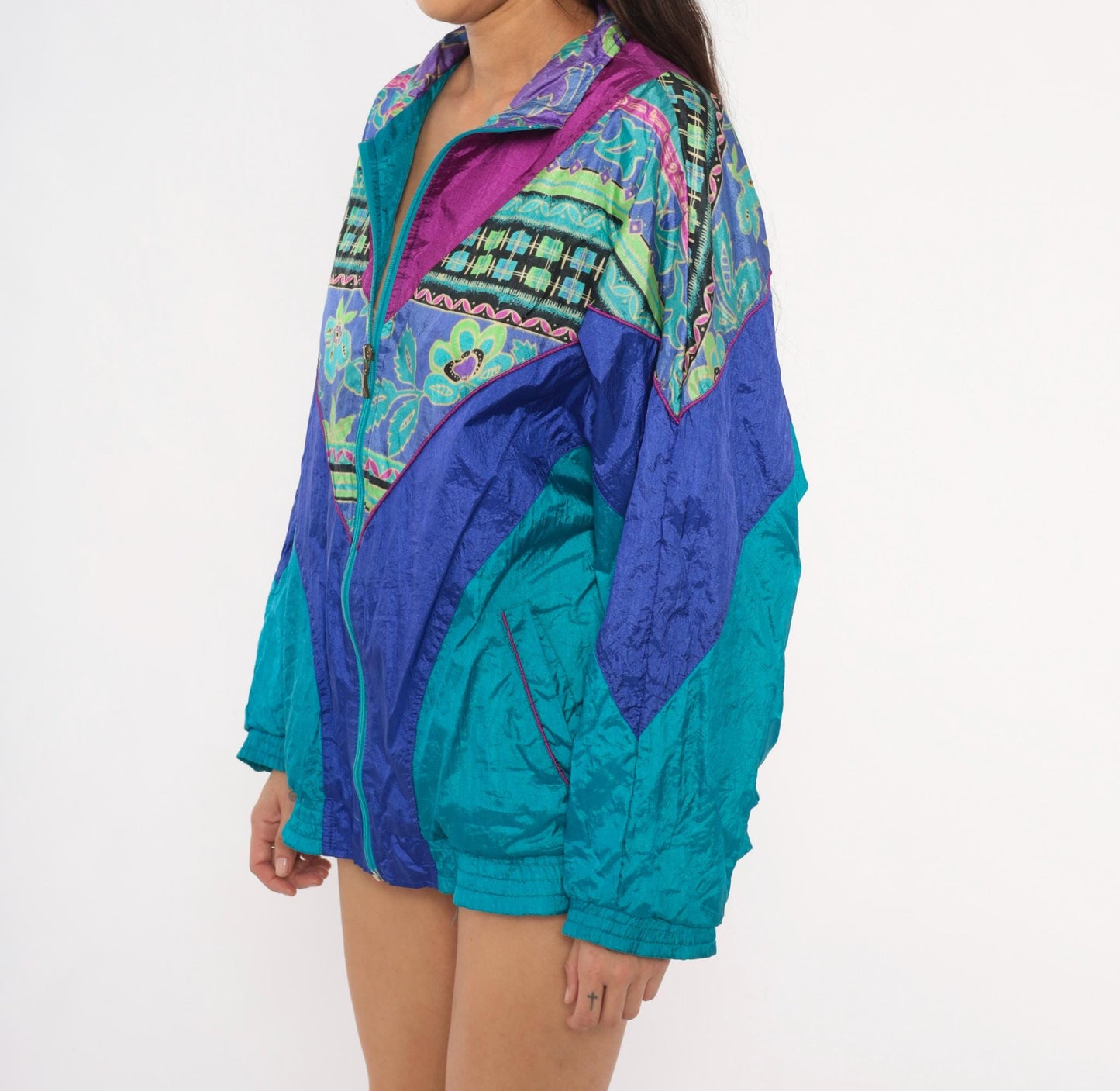 90s Bold Spirit Colorblock Windbreaker Teal Purple Geometric Floral Extra Large XL