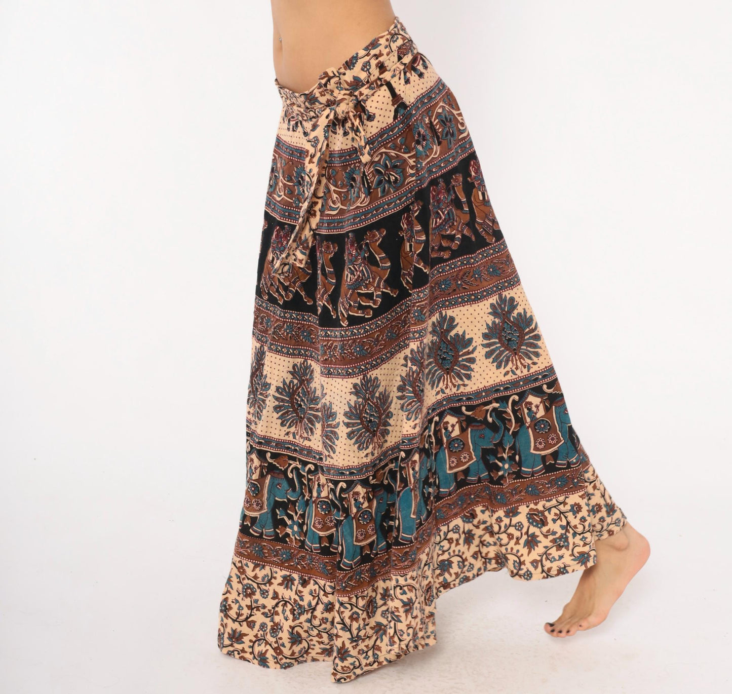 90s Indian Block Print Cotton Wrap Skirt Elephant Peacock Tan Black Teal Small-Large