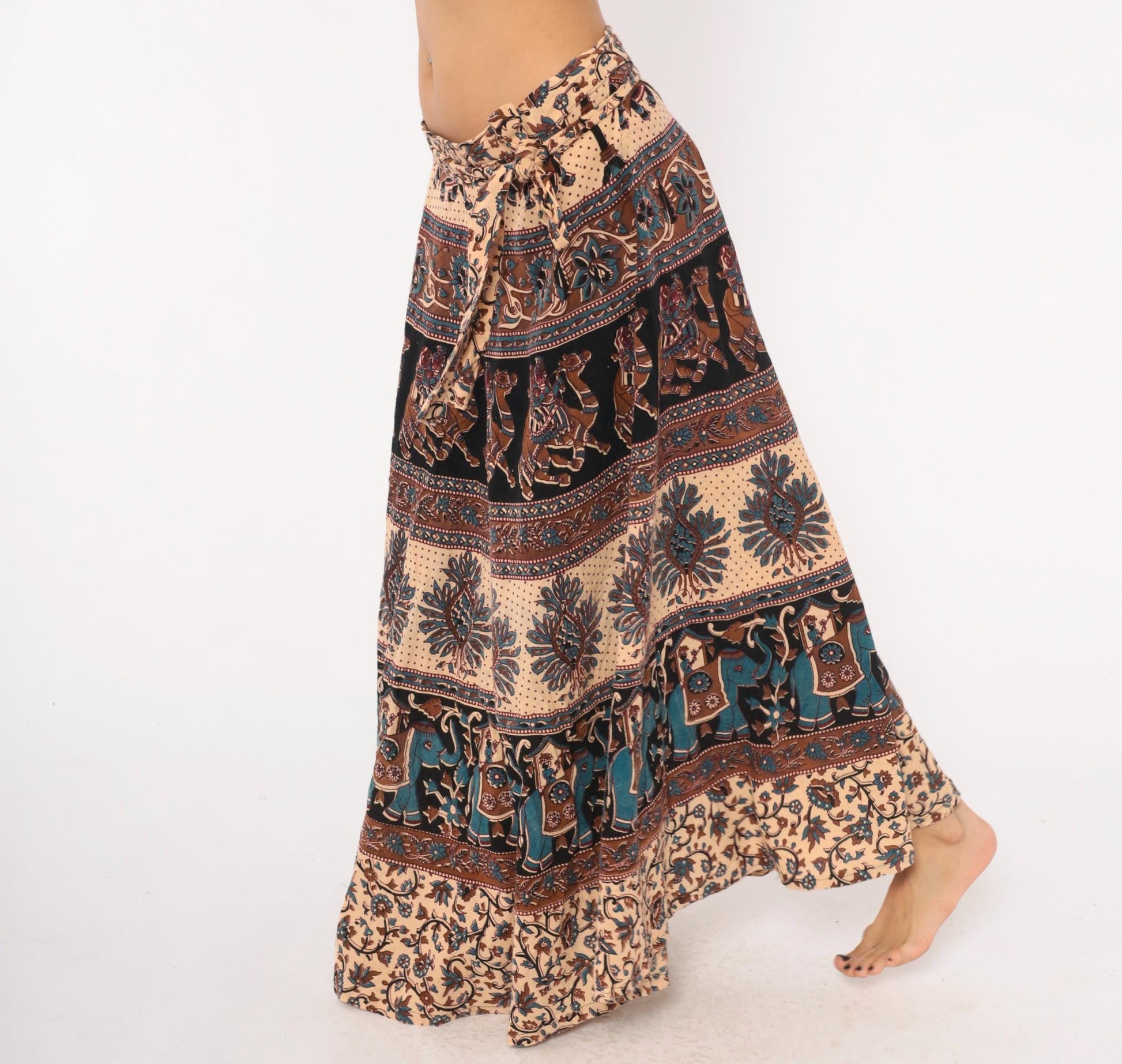 90s Indian Block Print Cotton Wrap Skirt Elephant Peacock Tan Black Teal Small-Large