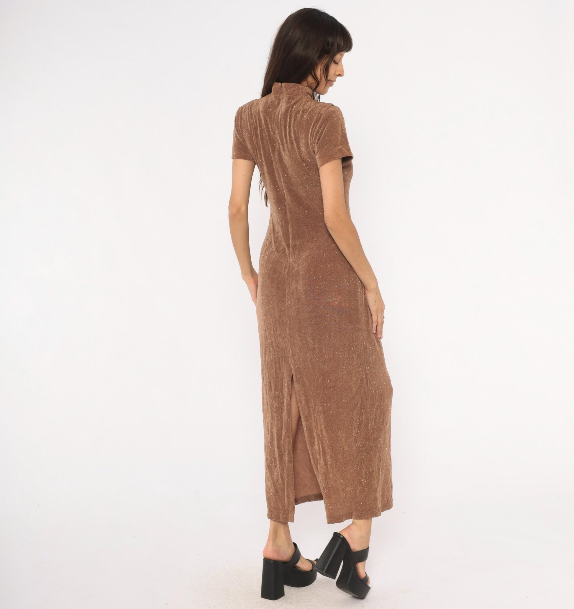 90s Jessica Howard Mocha Velvet Maxi Dress Glitter Mock Neck Small